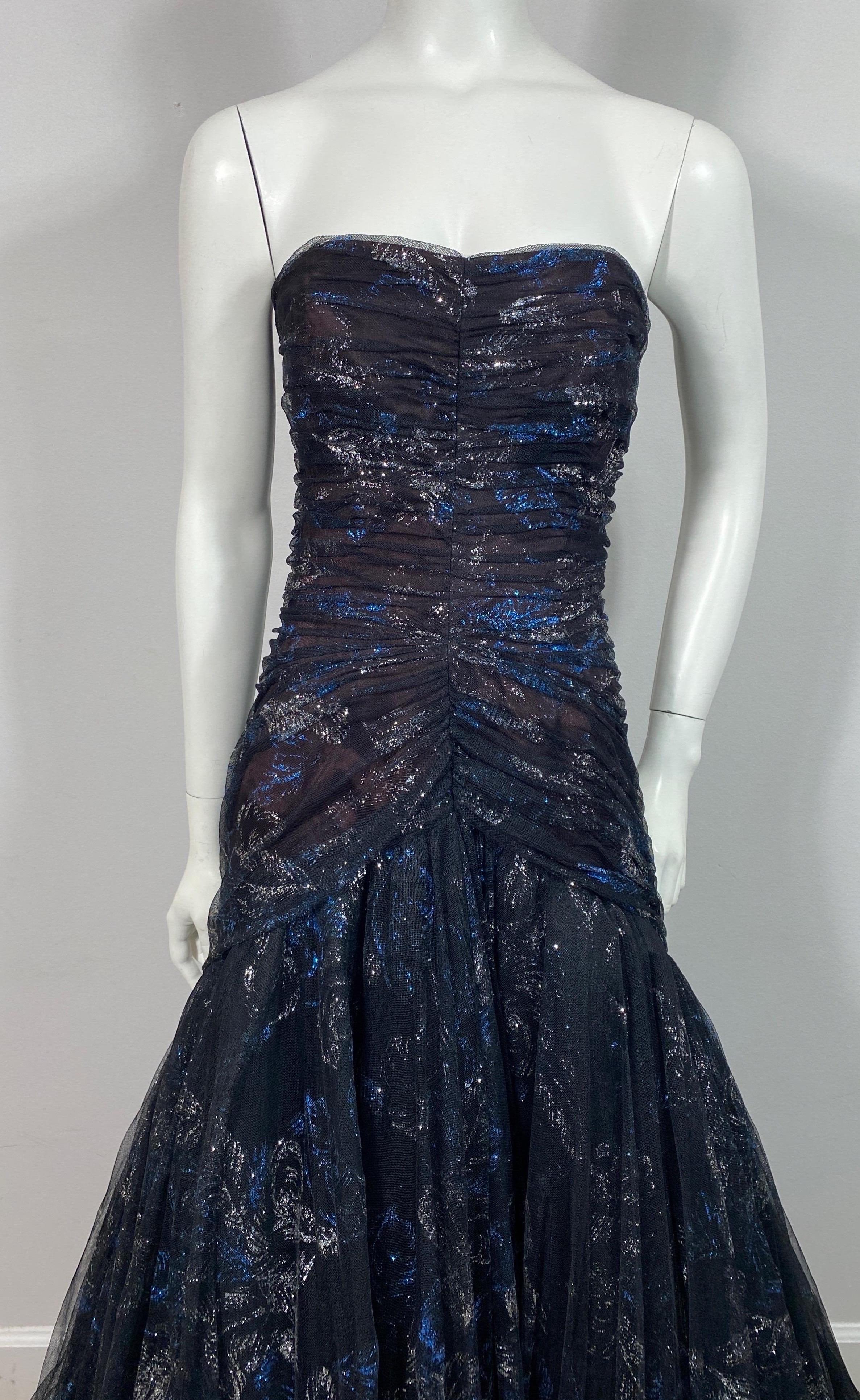 Murray Arbeid Early 1990’s Black Tulle with Blue and Silver metallic Gown-Size 6 1