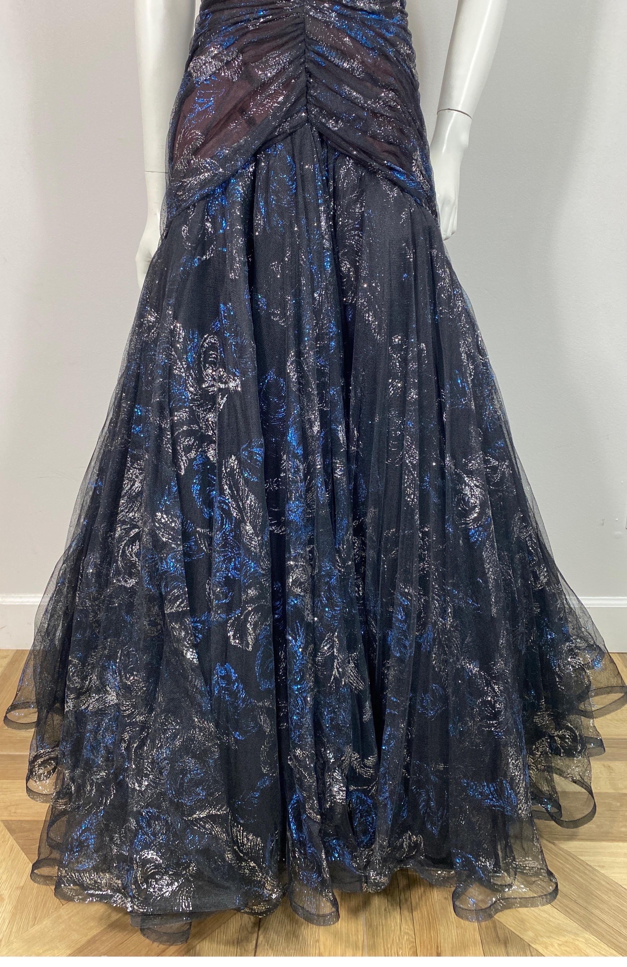 Murray Arbeid Early 1990’s Black Tulle with Blue and Silver metallic Gown-Size 6 2