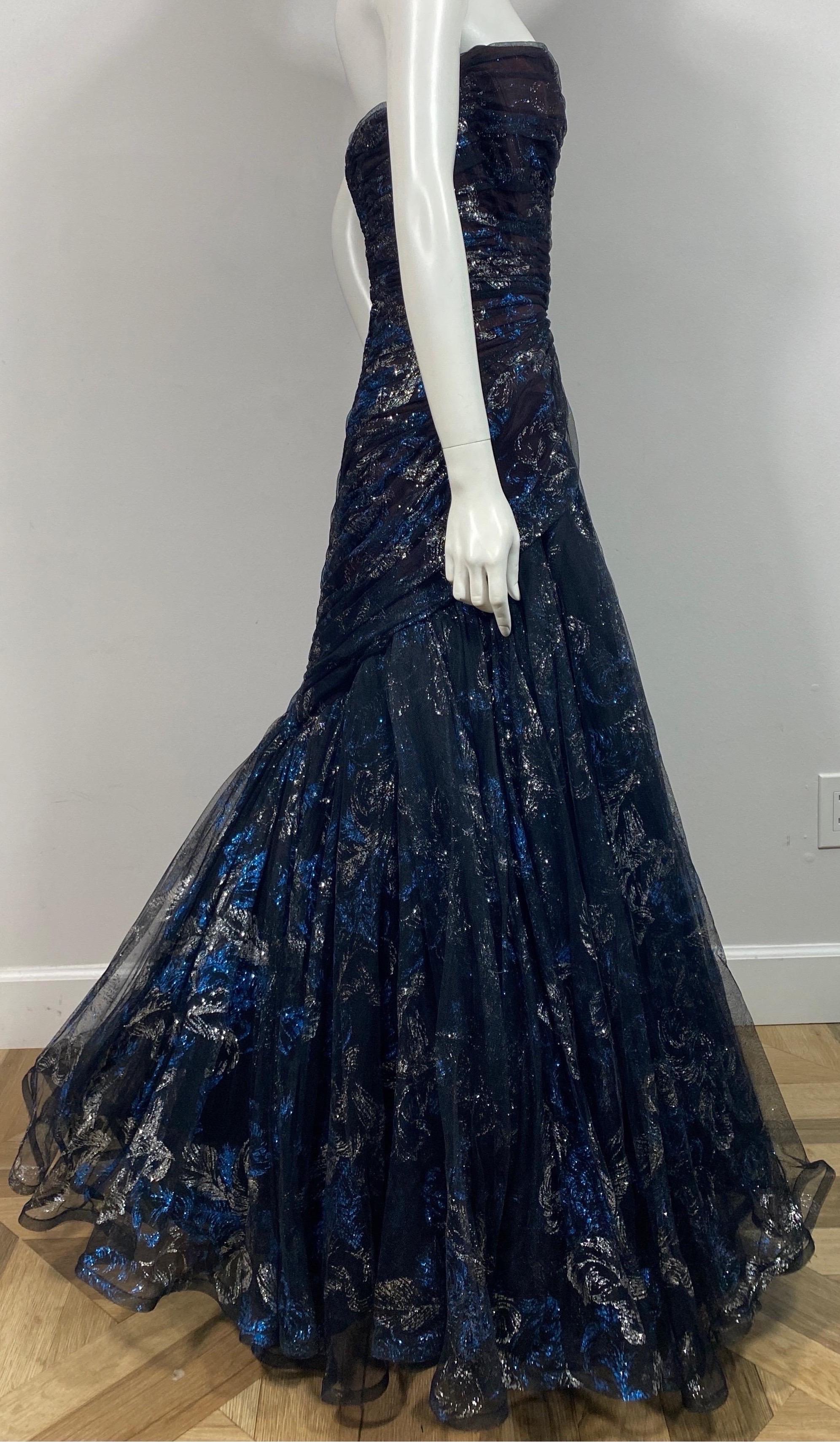 Murray Arbeid Early 1990’s Black Tulle with Blue and Silver metallic Gown-Size 6 5