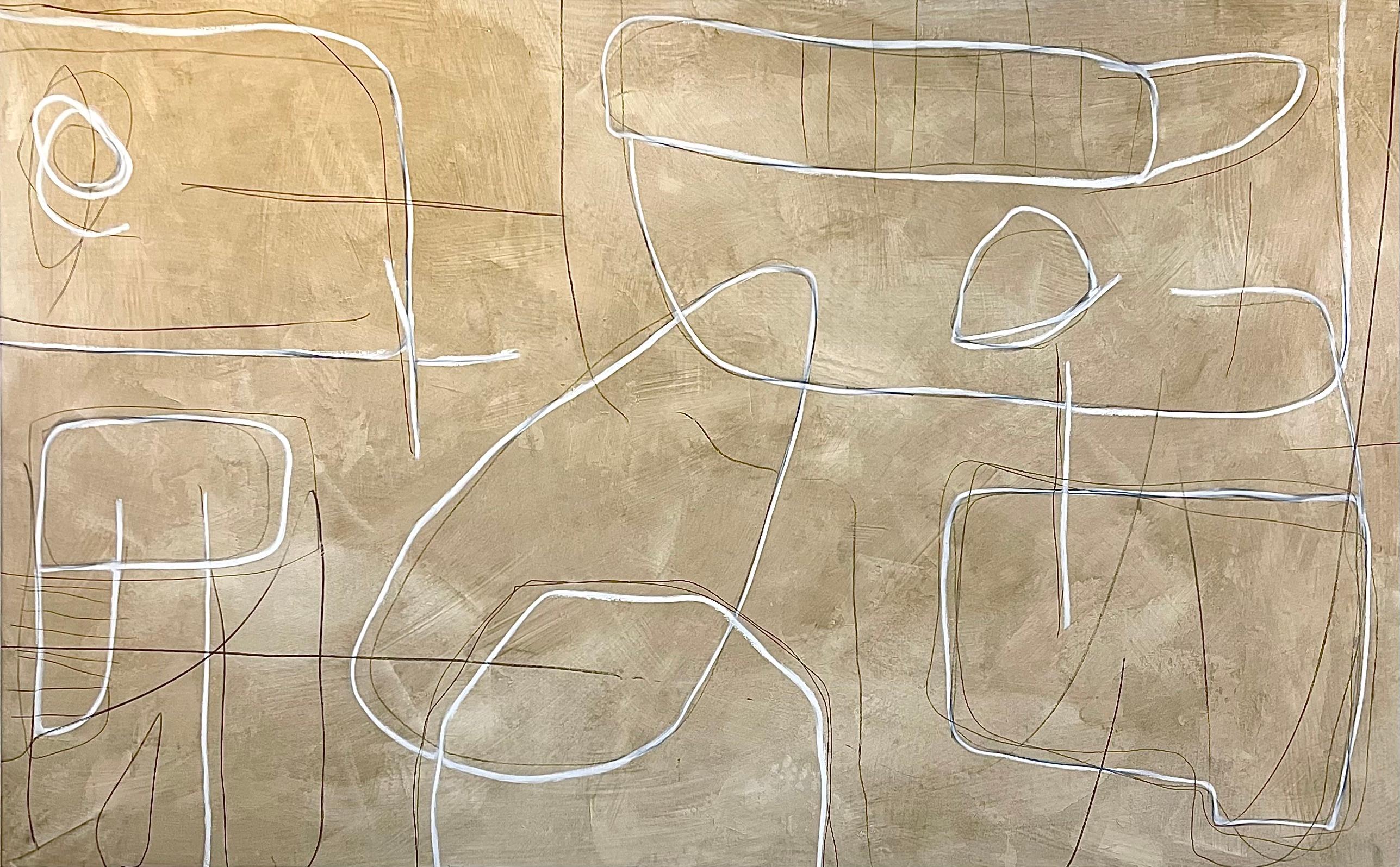 Return by Murray Duncan is a striking large-scale abstract mixed media painting on canvas. This piece explores the interplay of geometric and organic forms, with gestural lines and layered textures creating a dynamic sense of movement. The earthy,