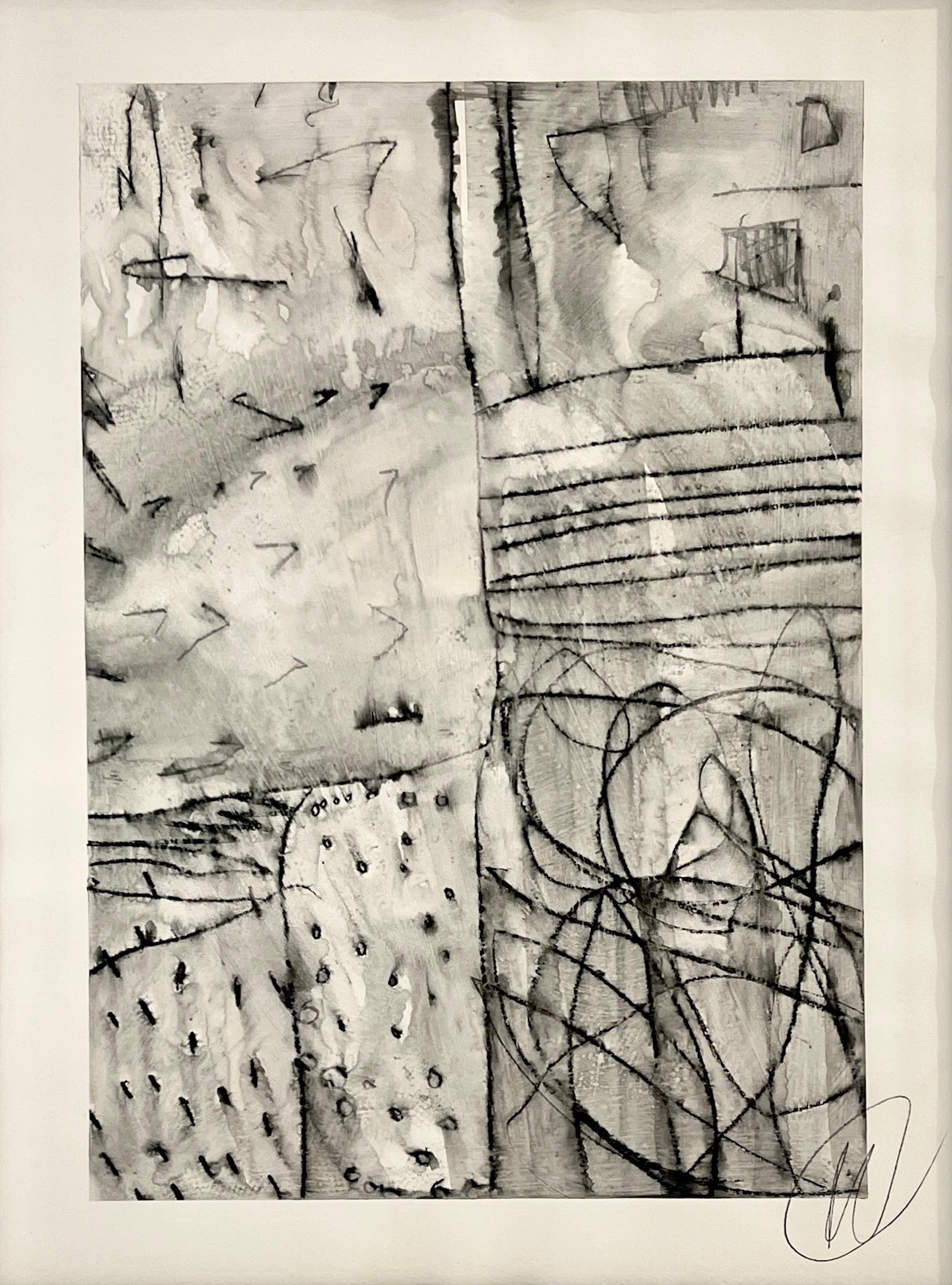 Untitled AP-124 is an expressive mixed-media work on paper by Toronto artist Murray Duncan, measuring 18 x 24 inches. In this composition, Duncan builds a dynamic interplay of bold black forms, gestural strokes, and layered tonal washes. The result