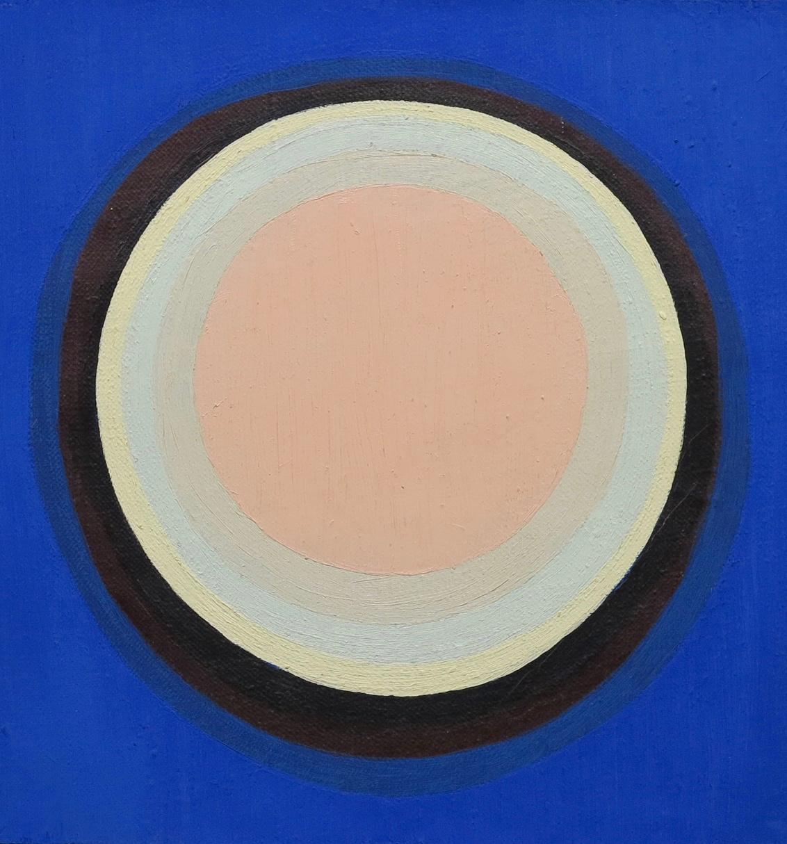 Murray Hantman Abstract Painting - Untitled (Blue. black. pink concentric circle abstract painting)