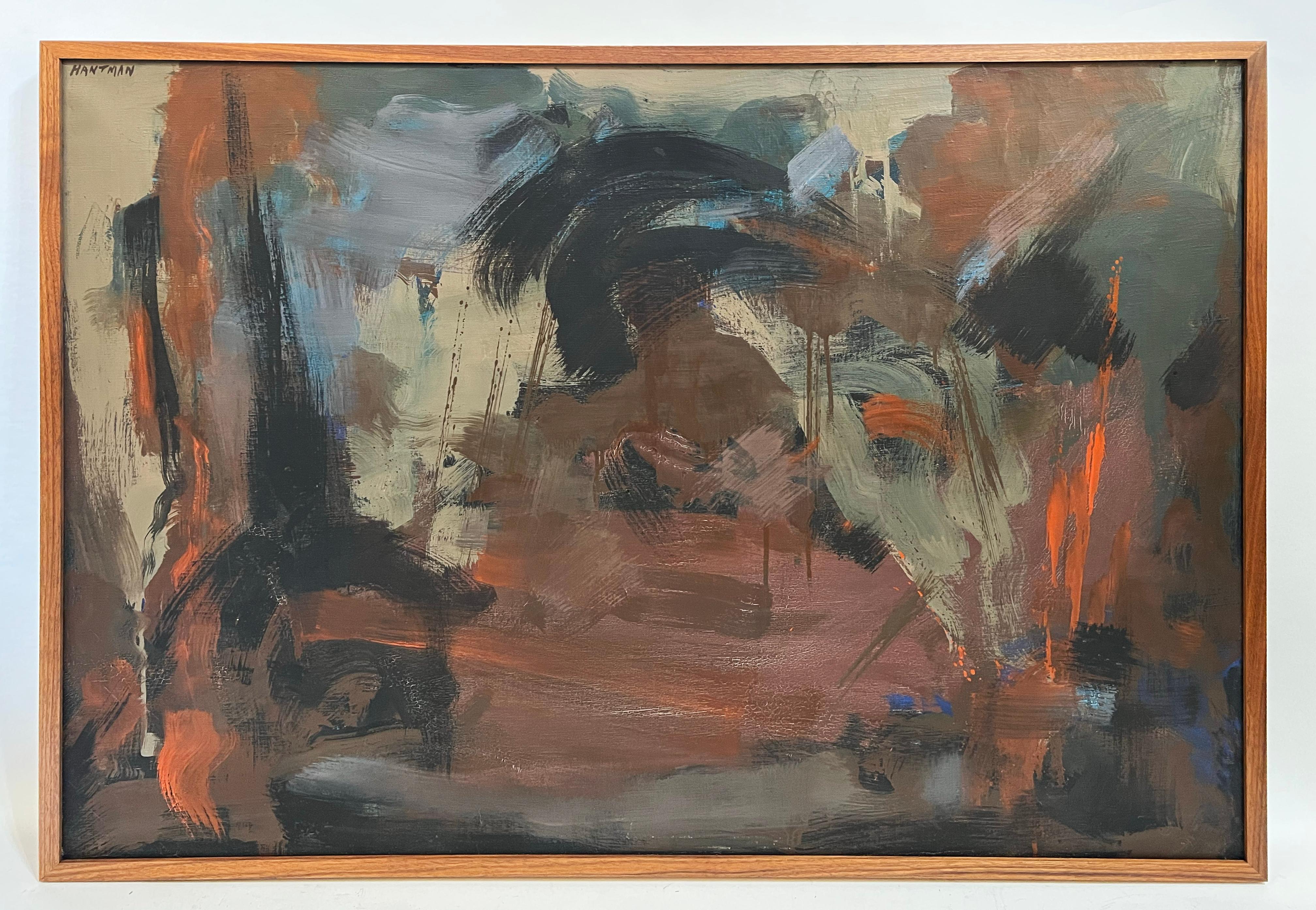 Vintage American Modernist Abstract Expressionist Signed Large Oil Painting - Gray Landscape Painting by Murray Hantman