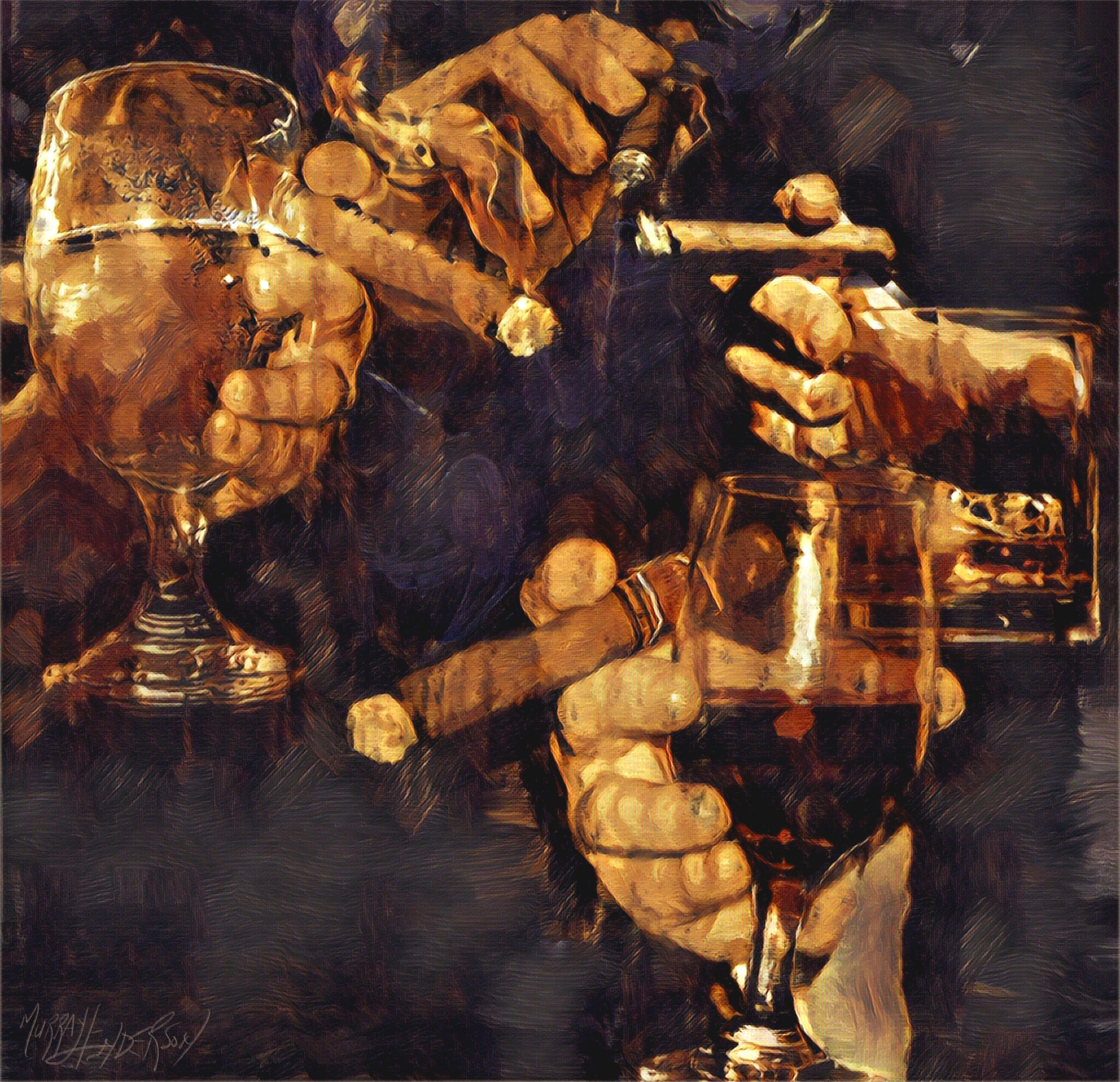 Airbrushed and layered with acrylic showing my favourite drinks and cigars . Great party atmosphere, being in the cigar business for 14 years , this is what the world of cigars is like.   Great times with friends is the feel I was going for .  ::