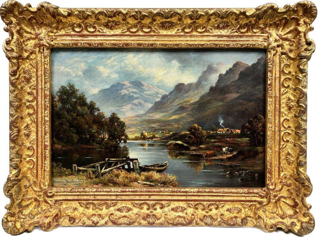 Murray Macdonald Landscape Painting - Signed Victorian Oil Painting Scottish Highlands Loch with Cattle Watering, 1899