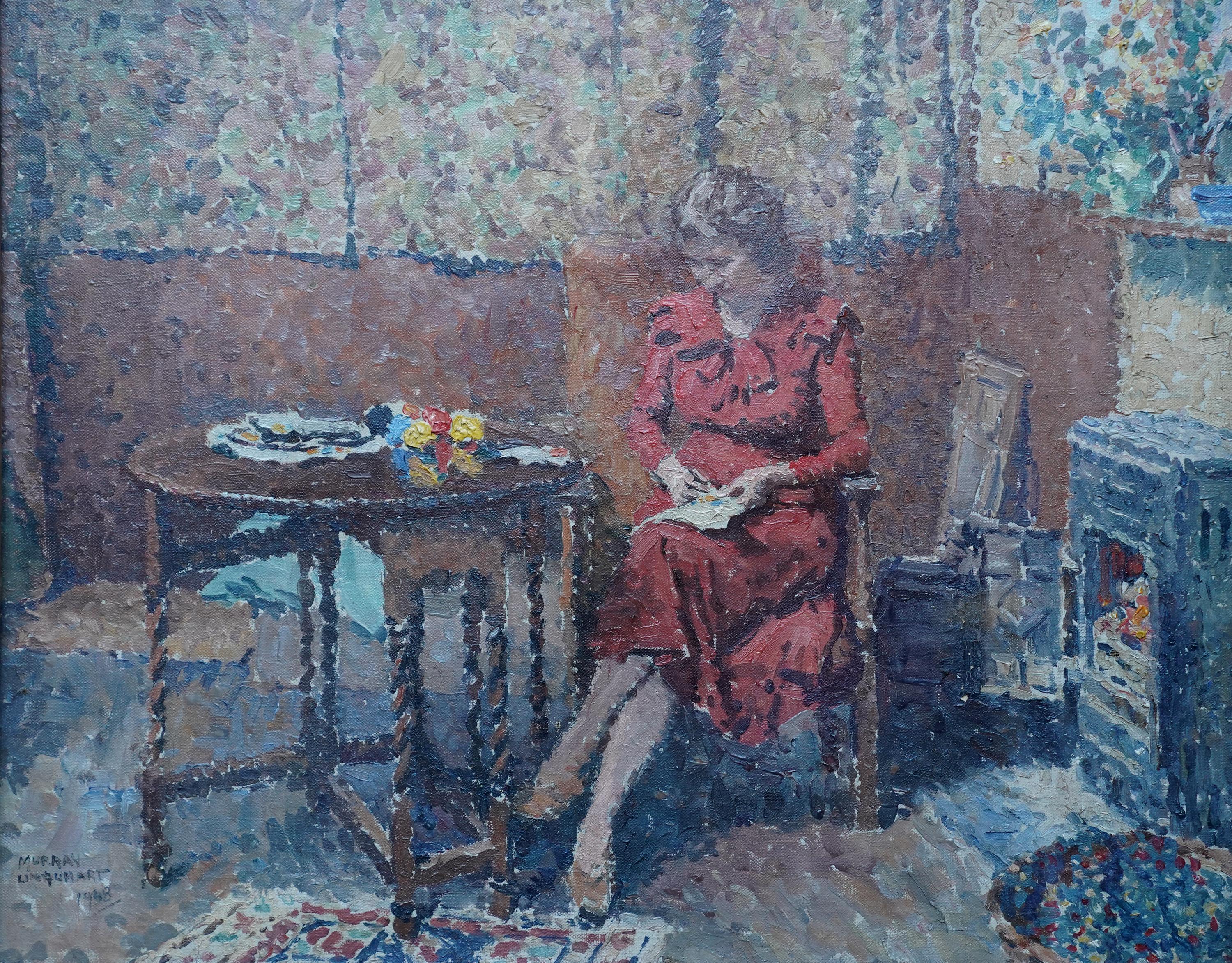 Portrait de femme cousue dans un intérieur - Peinture à l'huile écossaise pointilliste des années 40 en vente 7