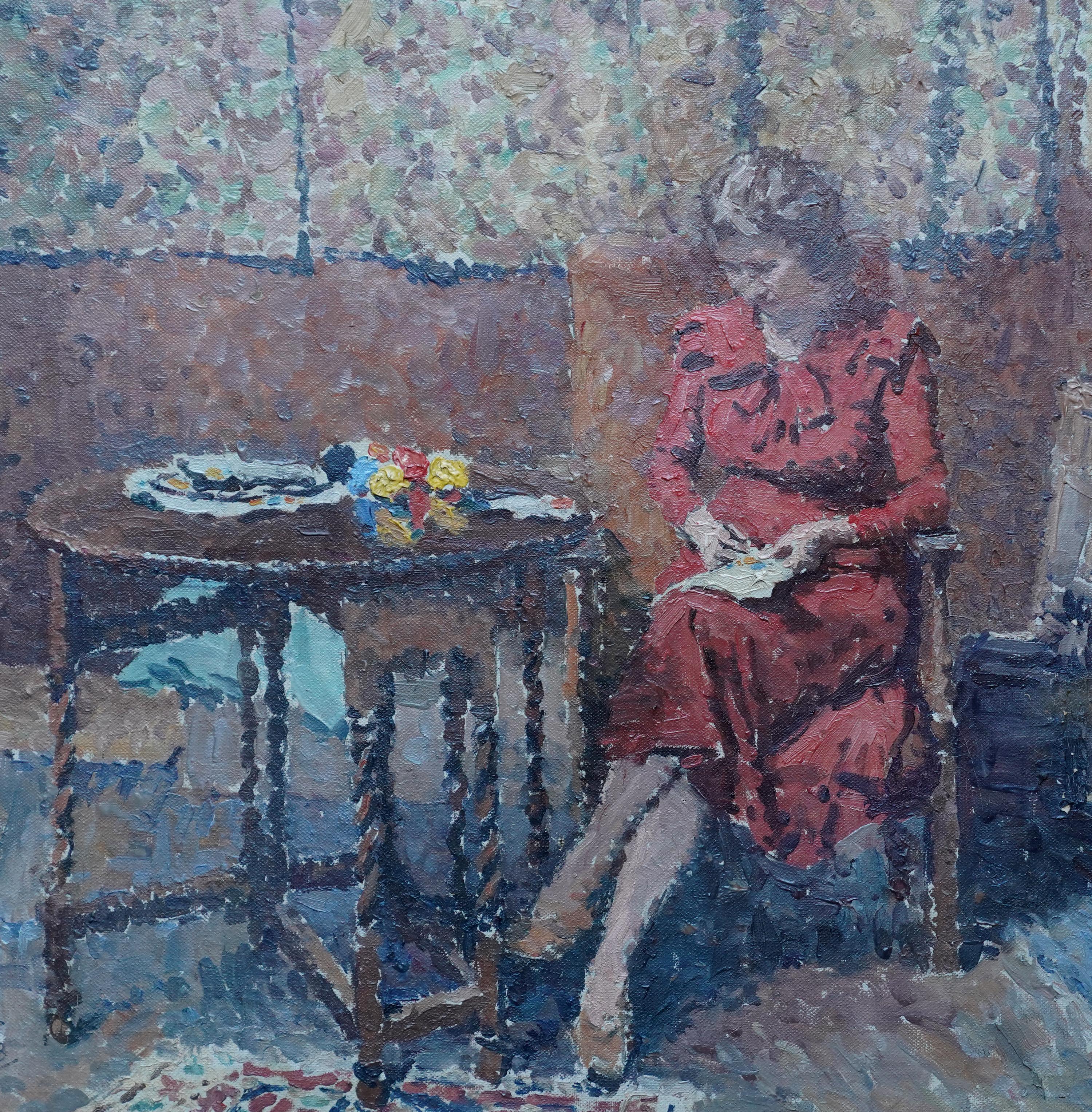 Portrait of Lady Sewing in an Interior - Scottish 40s Pointilliste oil painting - Post-Impressionist Painting by Murray McNeel Caird Urquhart