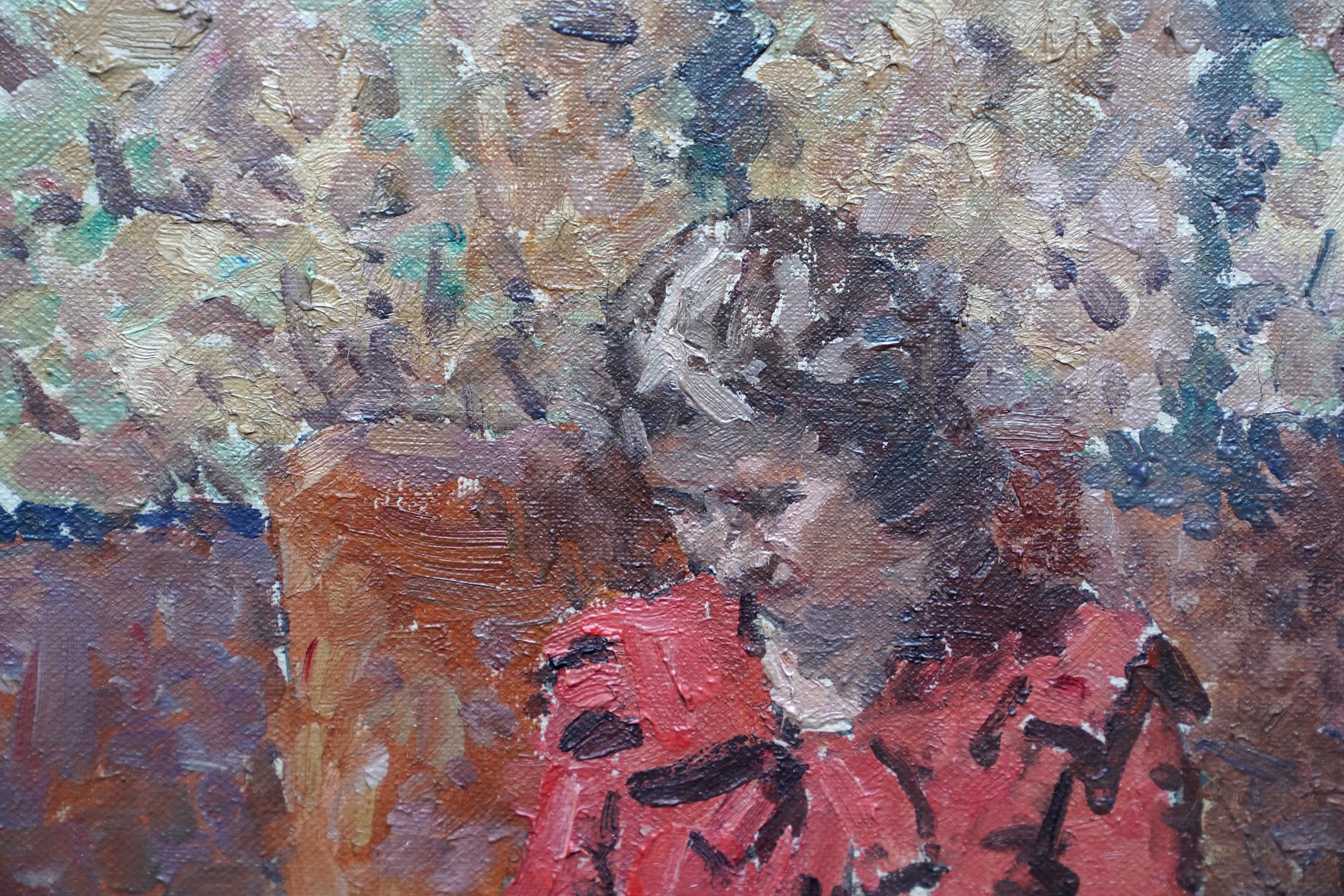 Porträt einer Dame beim Nähen in einem Interieur – schottisches Pointilliste-Ölgemälde aus den 40er Jahren im Angebot 4