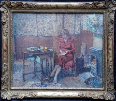 Portrait of Lady Sewing in an Interior - Scottish 40s Pointilliste oil painting