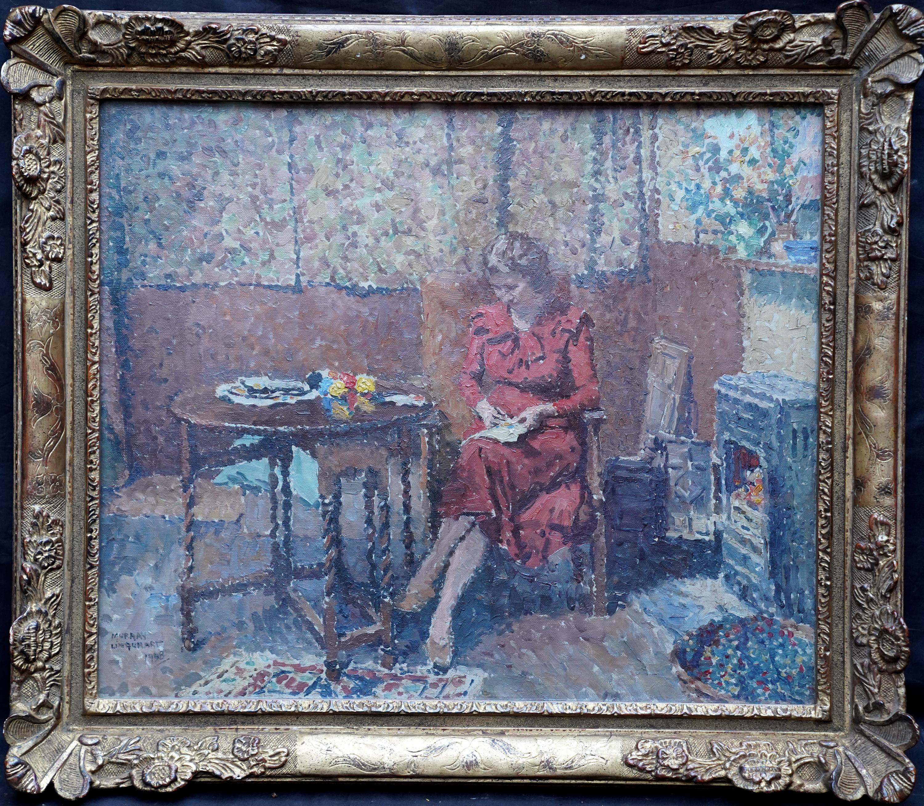 Murray McNeel Caird Urquhart Portrait Painting – Porträt einer Dame beim Nähen in einem Interieur – schottisches Pointilliste-Ölgemälde aus den 40er Jahren