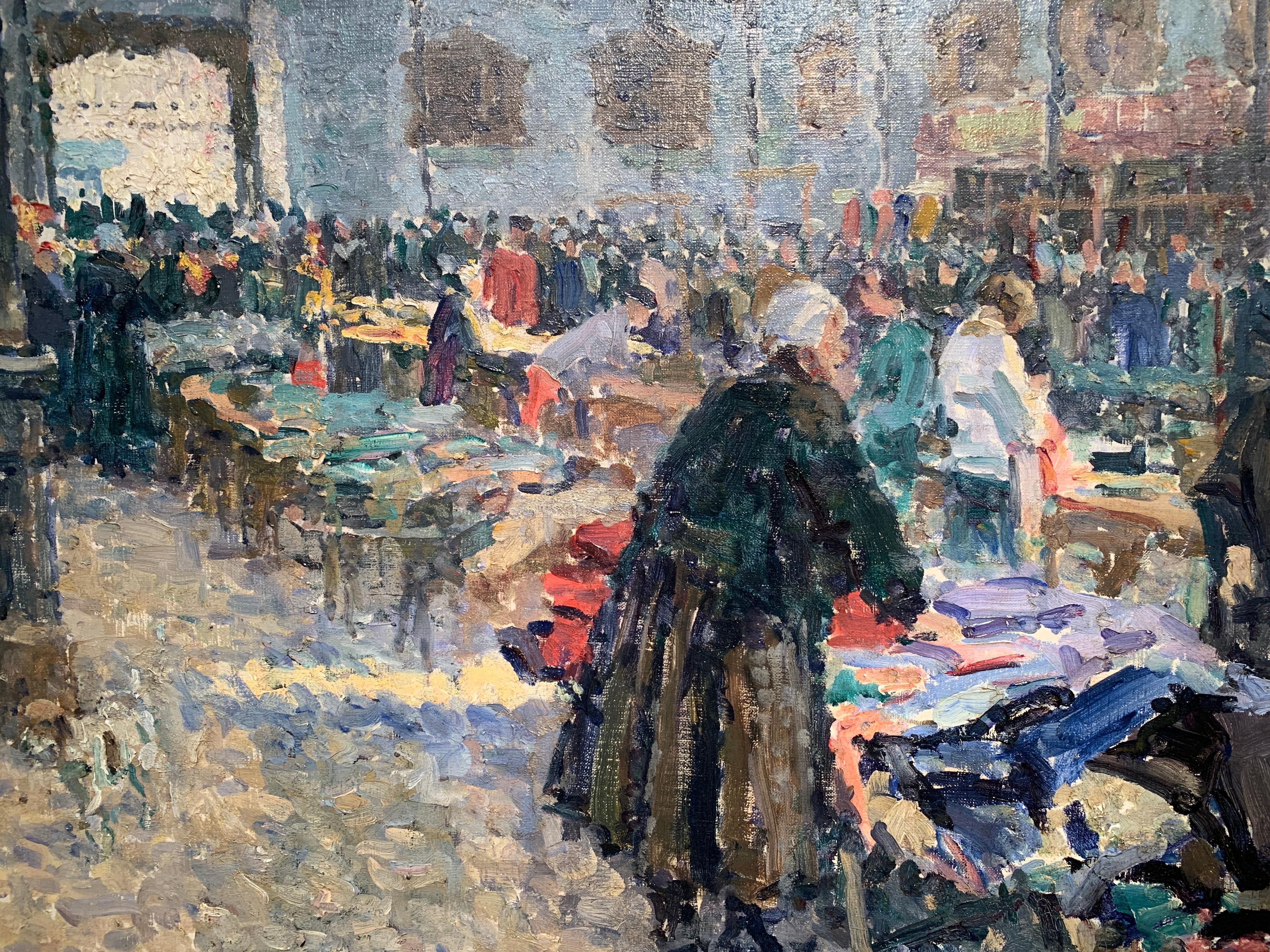 Scottish Impressionist  20th century oil, figures inside a clothing market - Painting by Murray McNeel Caird Urquhart