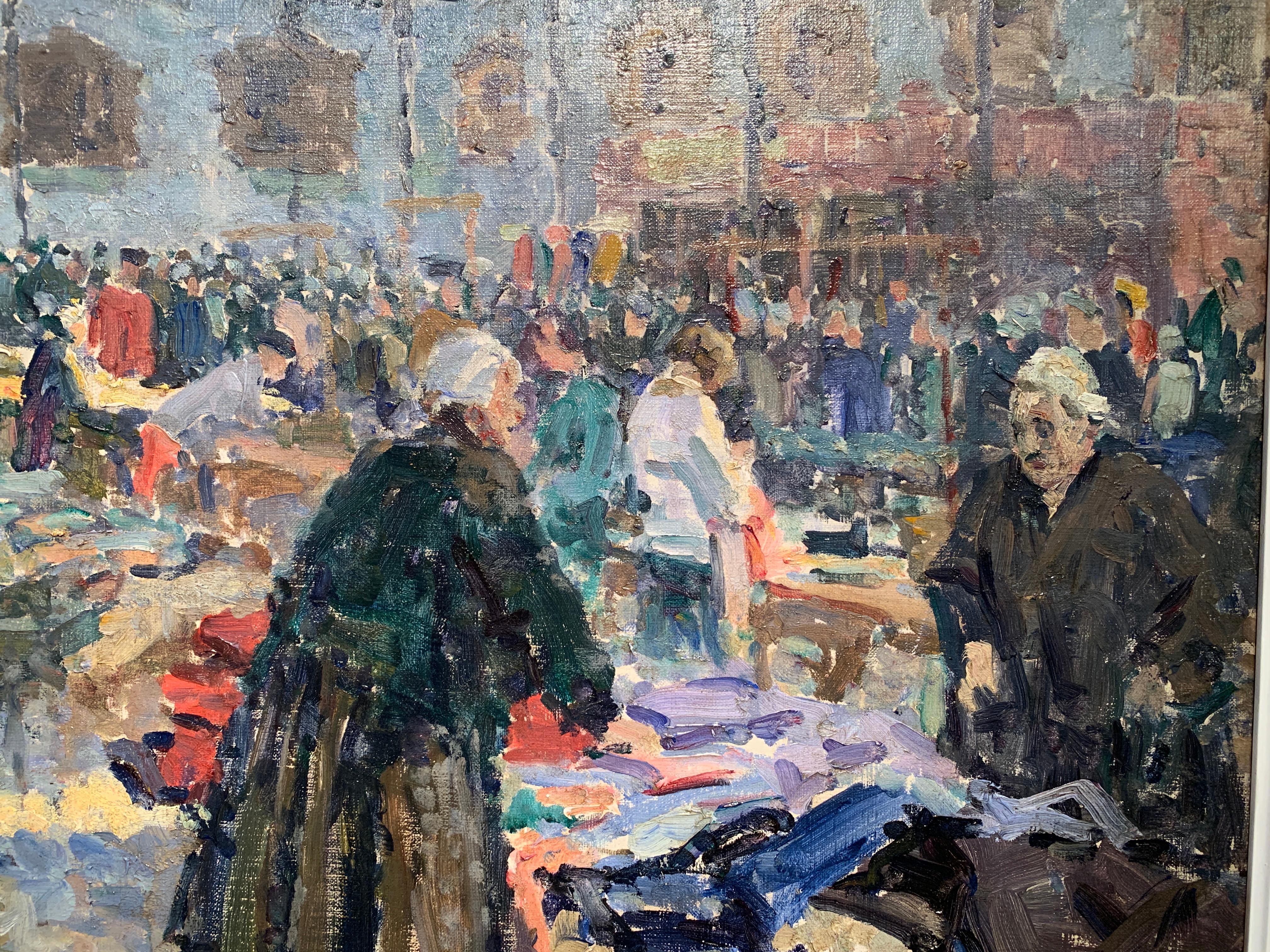 Impressionniste écossais  Huile du XXe siècle, personnages à l'intérieur d'un marché aux vêtements    - Impressionnisme Painting par Murray McNeel Caird Urquhart