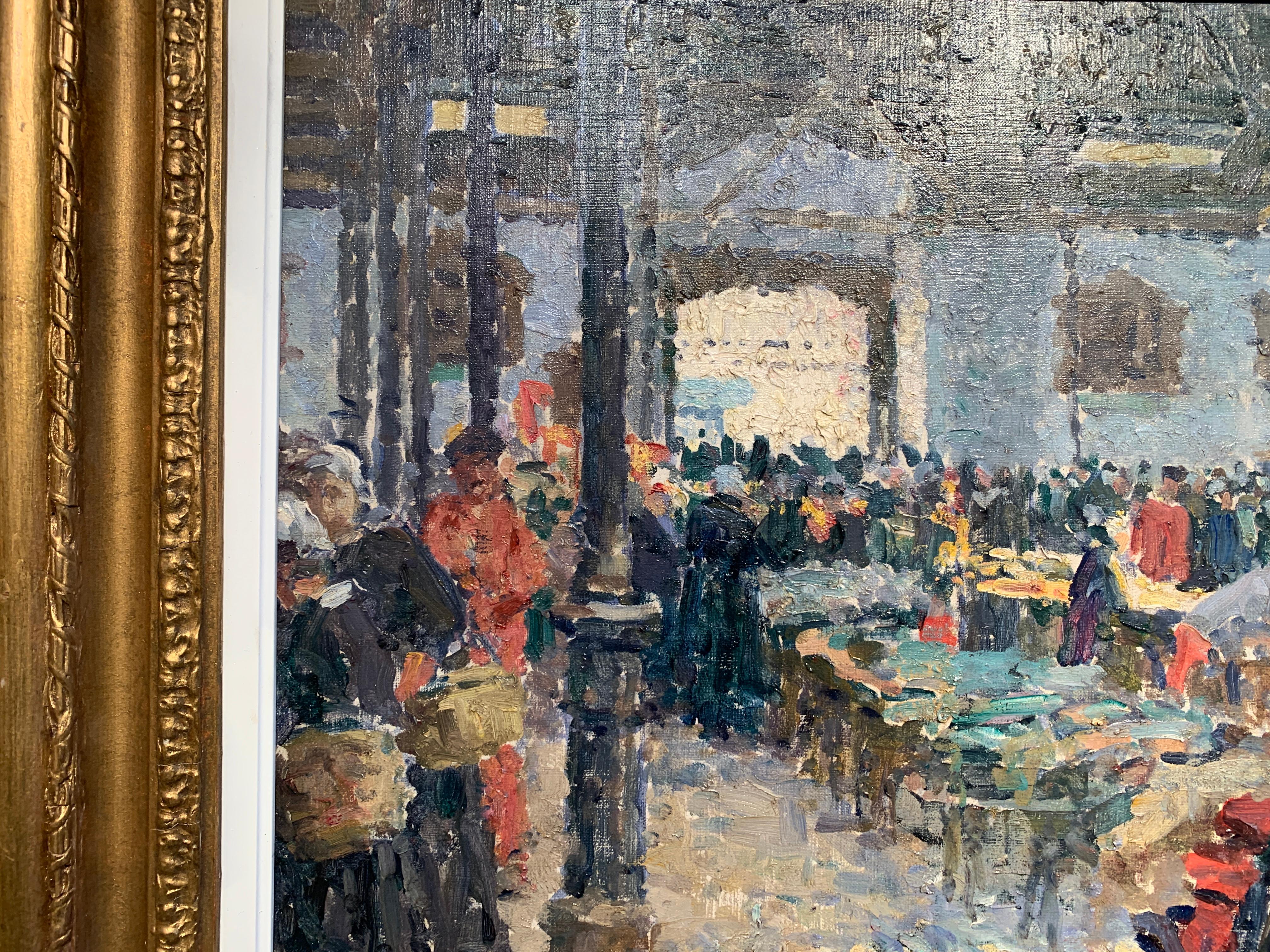 Impressionniste écossais  Huile du XXe siècle, personnages à l'intérieur d'un marché aux vêtements    - Marron Figurative Painting par Murray McNeel Caird Urquhart