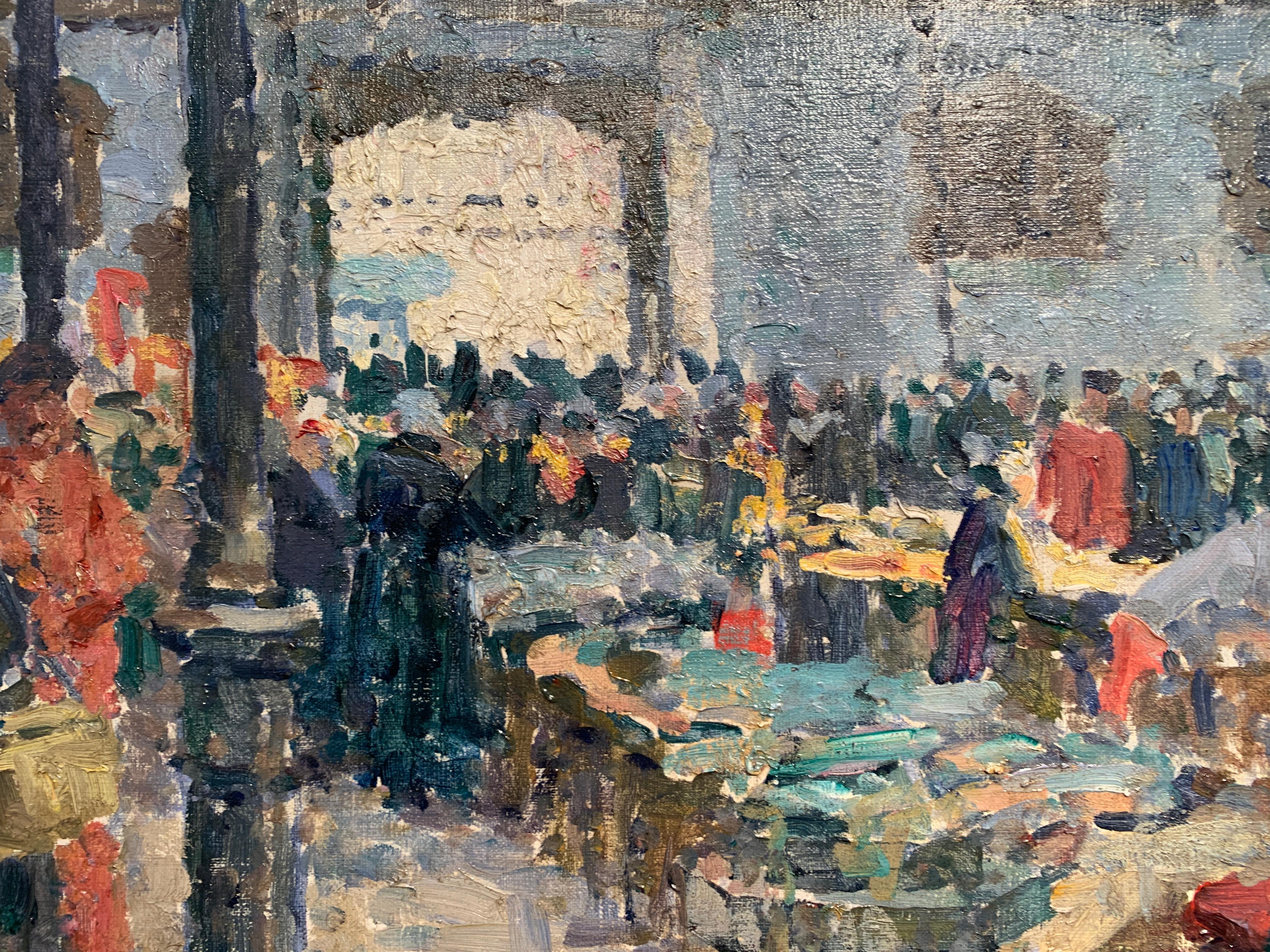 Scottish Impressionist  20th century oil, figures inside a clothing market    - Brown Figurative Painting by Murray McNeel Caird Urquhart