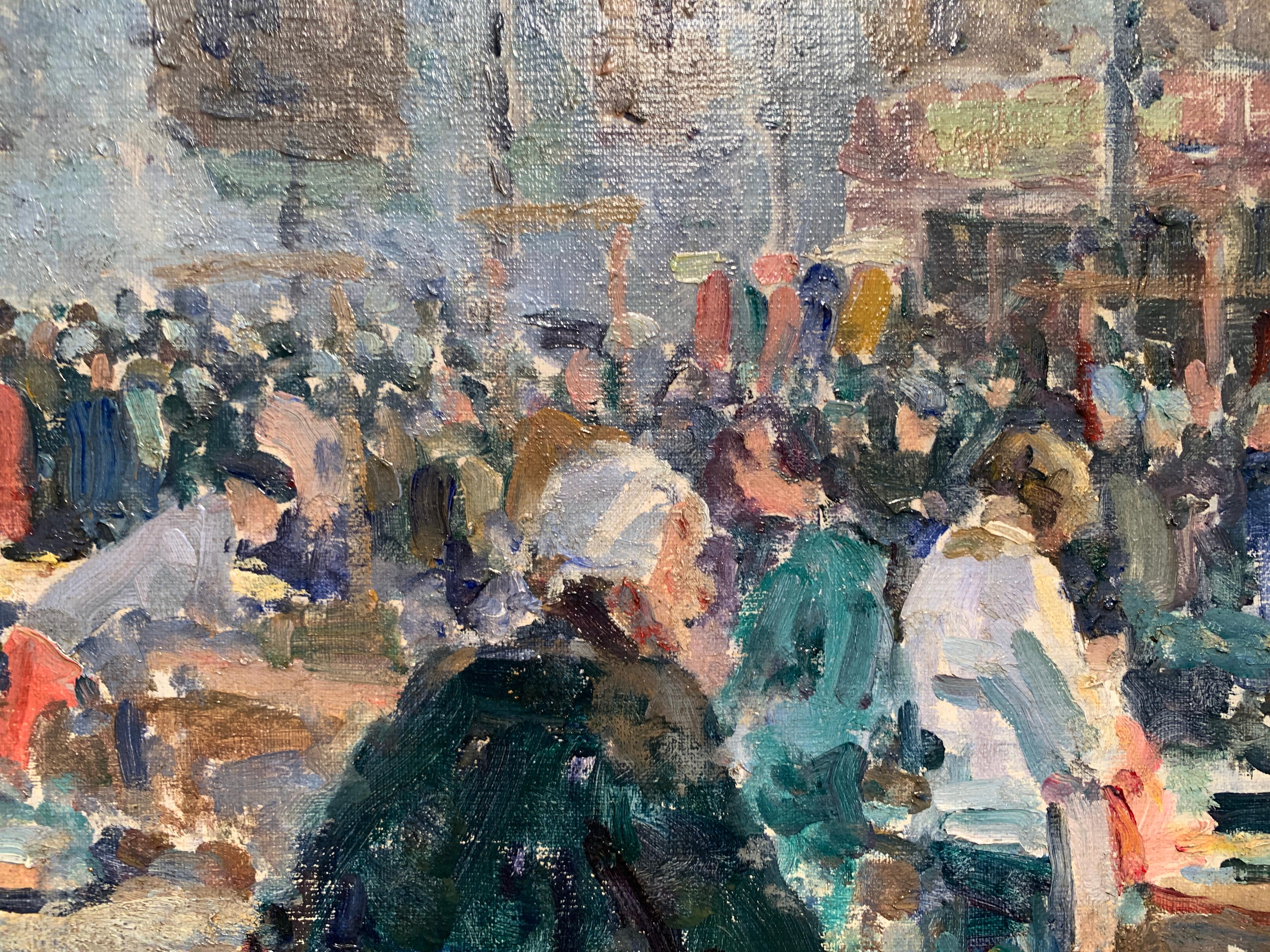 Scottish Impressionist  20th century oil, figures inside a clothing market.

He exhibited at the Royal Academy; Royal Society of British Artists; Royal Hibernian Academy; Royal Glasgow Institute of Fine Arts; Royal Institute of Painters in Water