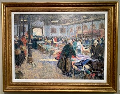 Vintage Scottish Impressionist  20th century oil, figures inside a clothing market   