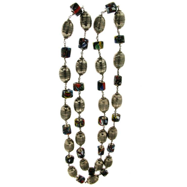 Retro Murrhine Silver Beaded Necklace For Sale