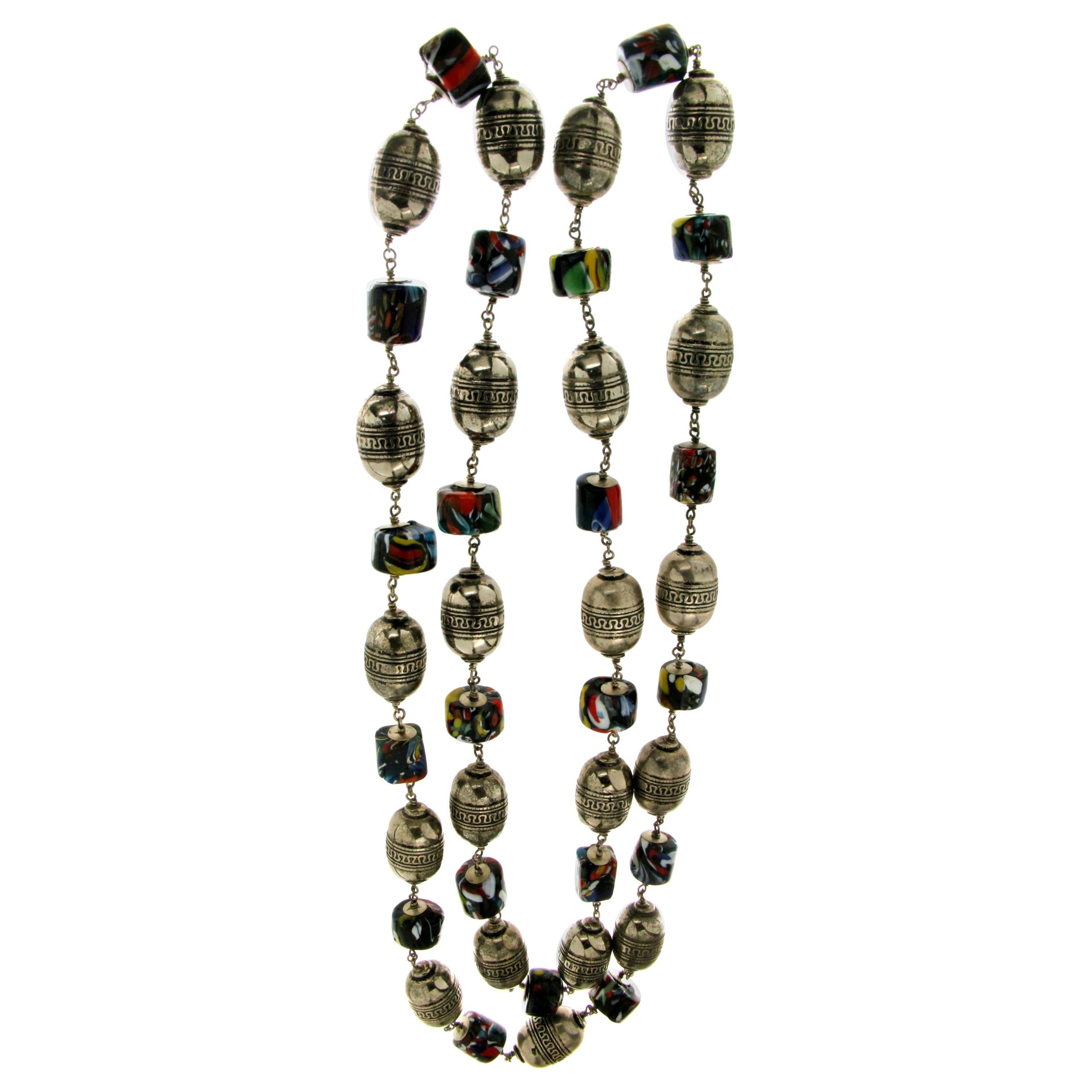 Murrhine Silver Beaded Necklace For Sale