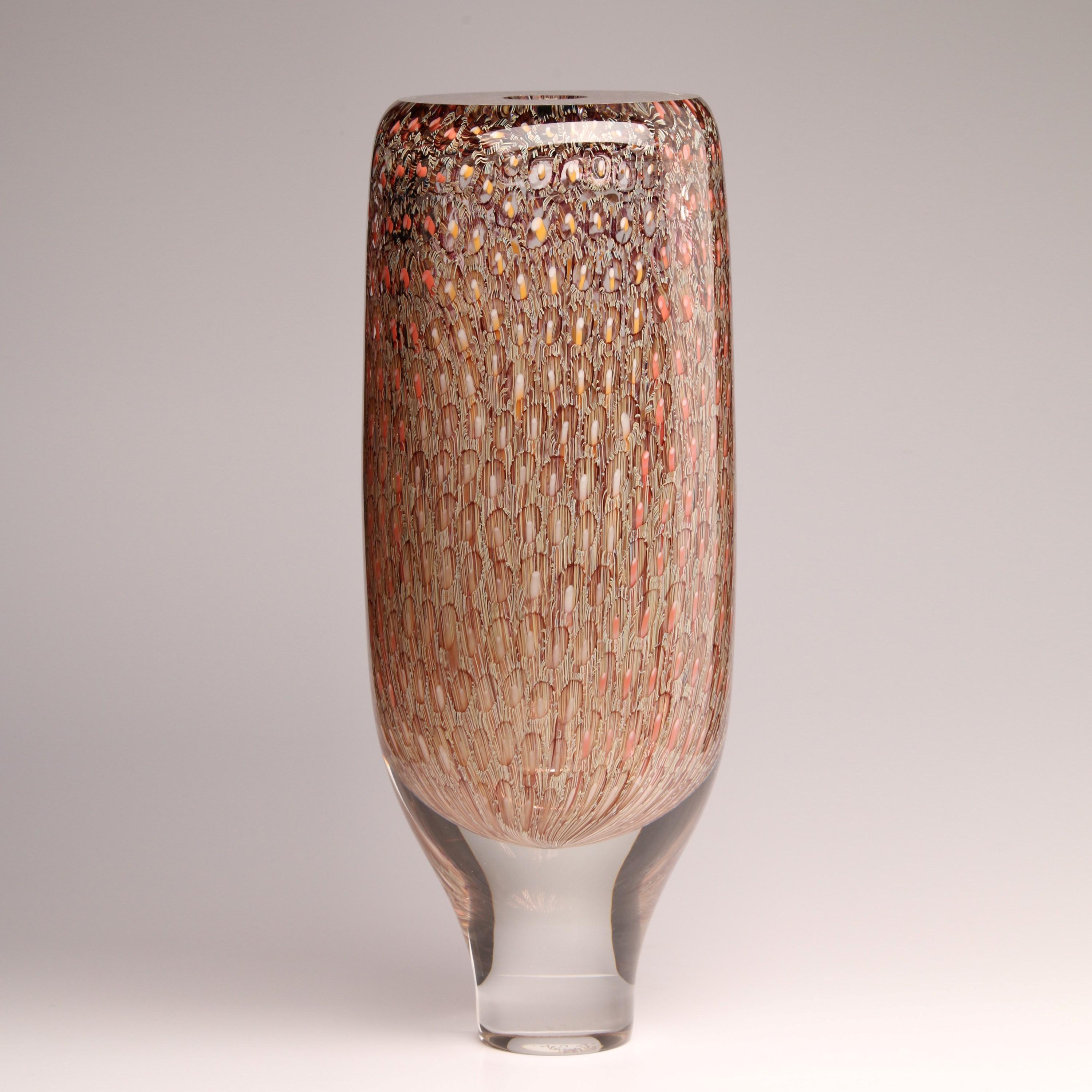 Hand-Crafted Murrine Quadrants Tall Form in Salmon & Primrose, glass vessel by Peter Bowles