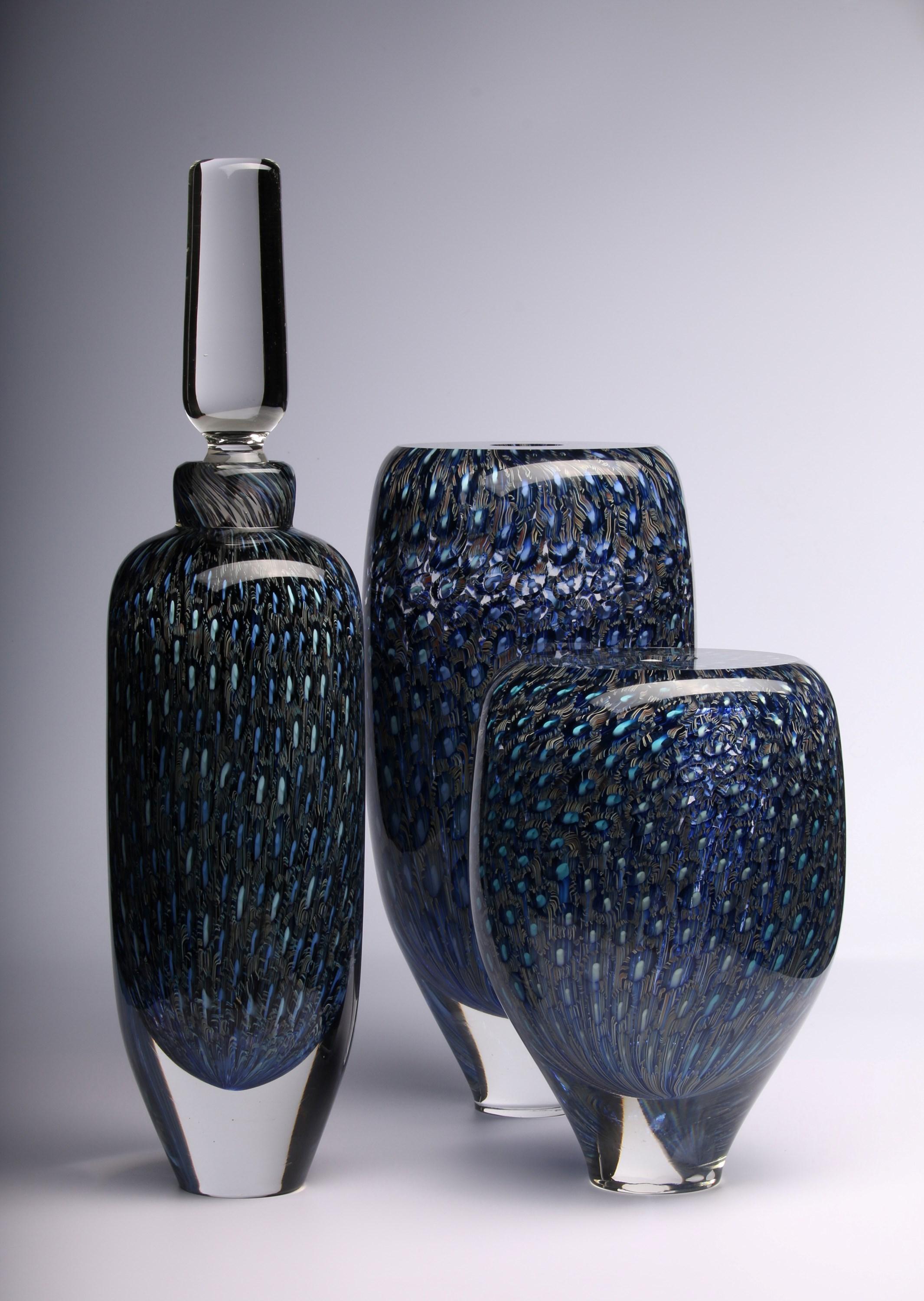 Blown Glass Murrine Quadrants Stoppered Bottle in Pale Blue & Turquoise by Peter Bowles For Sale