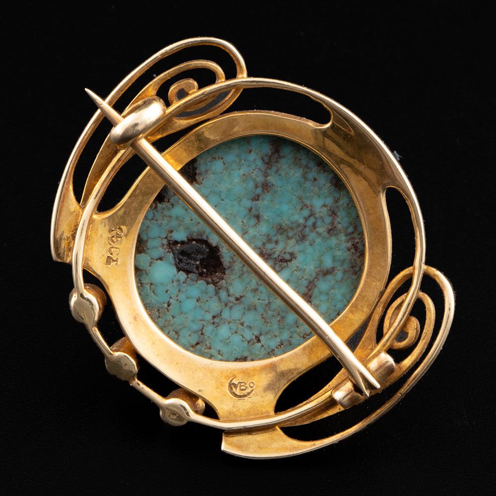 Murrle Bennett 15ct Gold und Türkis Brosche um 1910 im Zustand „Gut“ im Angebot in Tunbridge Wells, GB