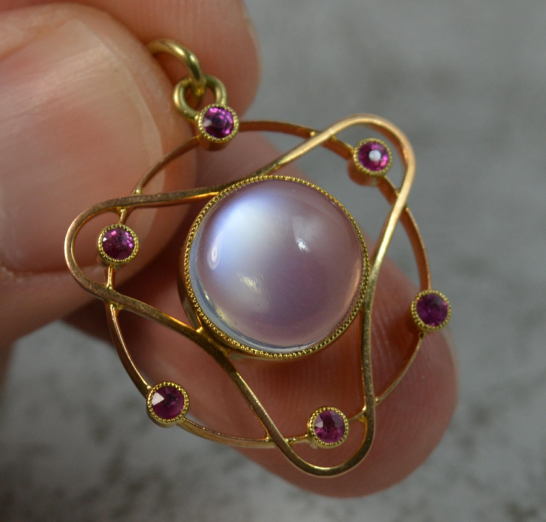 Murrle Bennett Art Nouveau 15 Carat Gold Moonstone Ruby Pendant In Excellent Condition In St Helens, GB