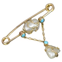 Murrle Bennett Arts and Crafts 9ct Rose Gold Pearl Turquoise Lavalier Brooch