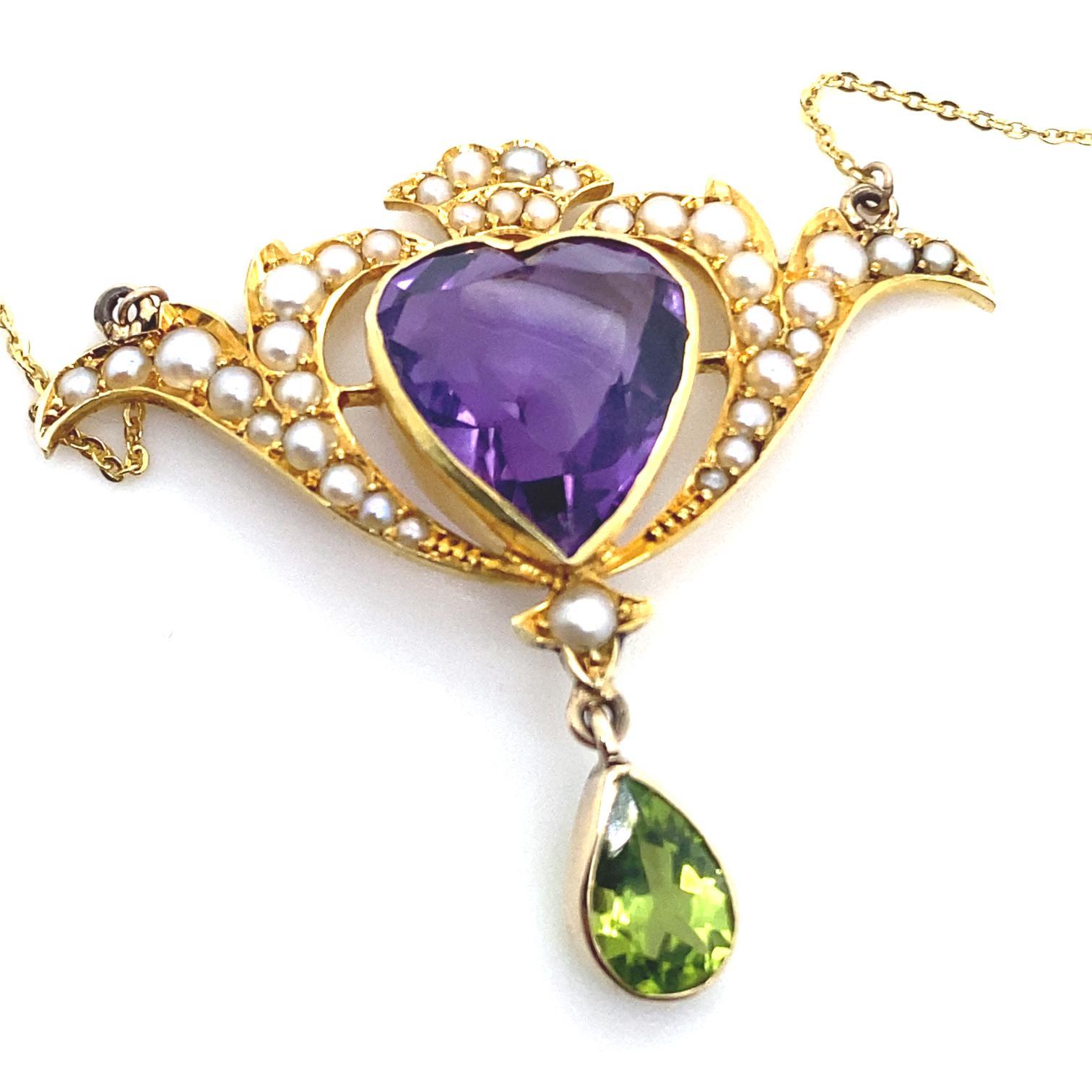 Heart Cut Murrle Bennett & Co Art Nouveau Amethyst Pearl Yellow Gold Heart Necklace For Sale