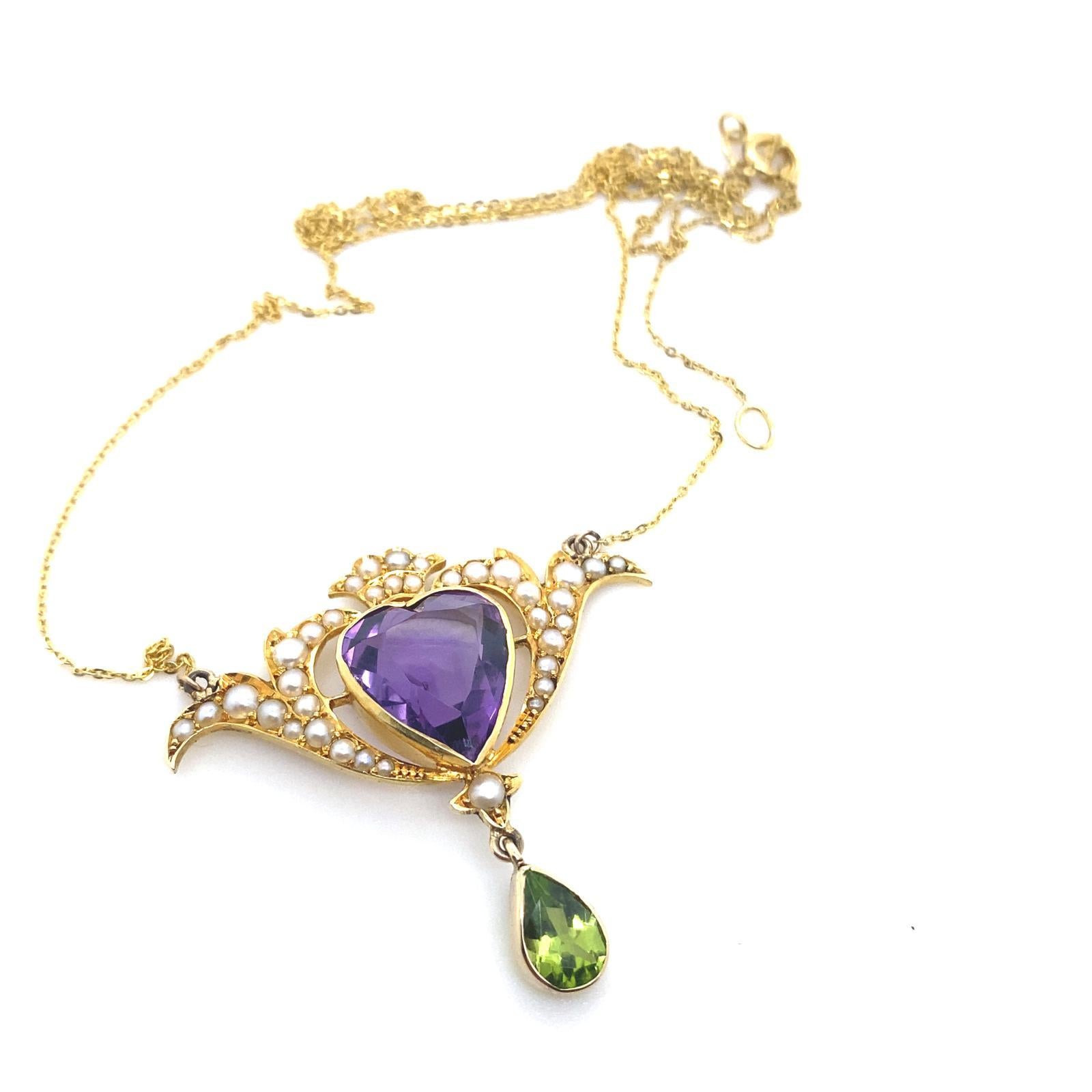 Women's Murrle Bennett & Co Art Nouveau Amethyst Pearl Yellow Gold Heart Necklace For Sale