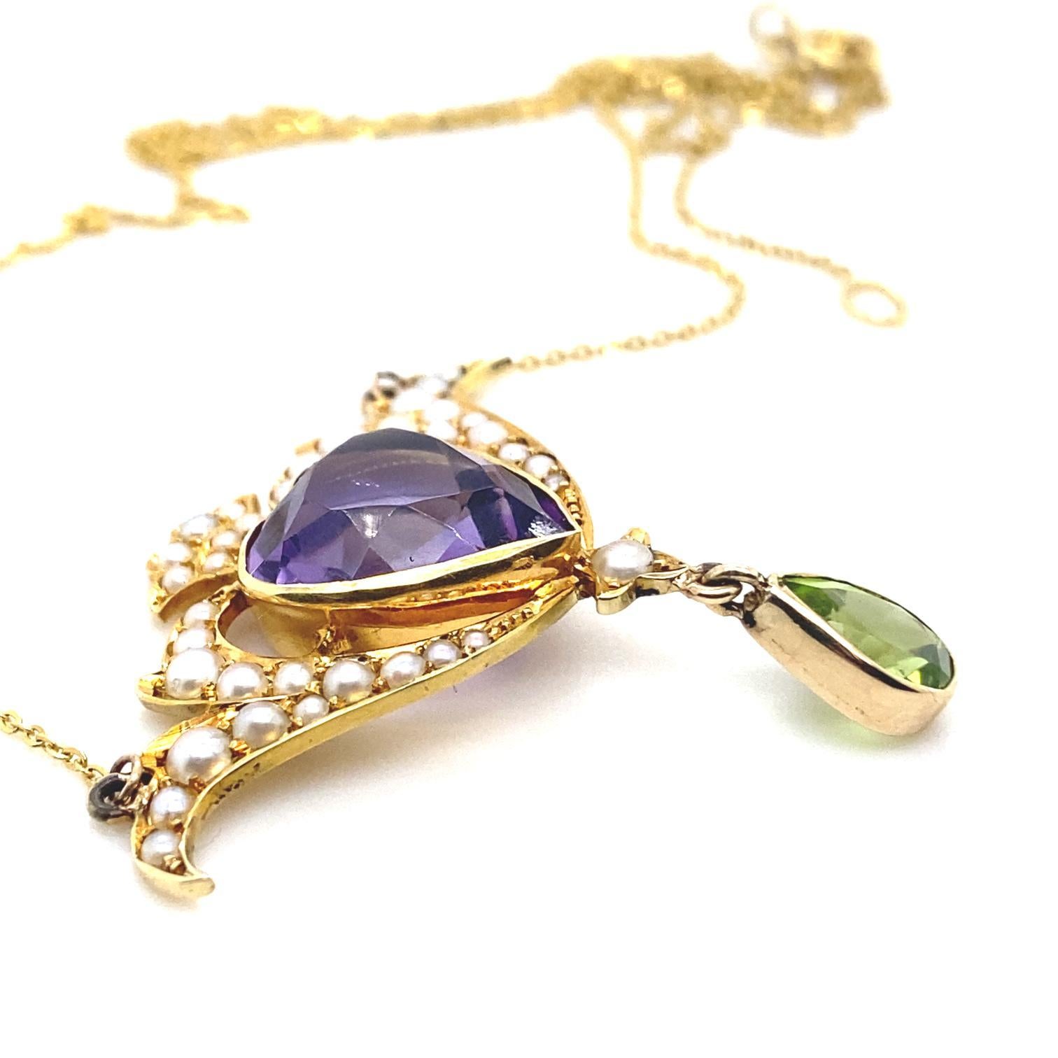 Murrle Bennett & Co Art Nouveau Amethyst Pearl Yellow Gold Heart Necklace For Sale 1