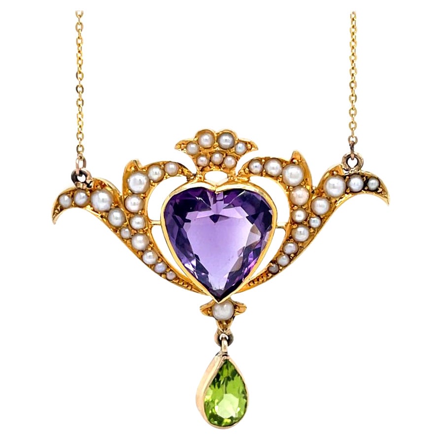 Murrle Bennett & Co Art Nouveau Collar Corazón Amatista Perla Oro Amarillo en venta