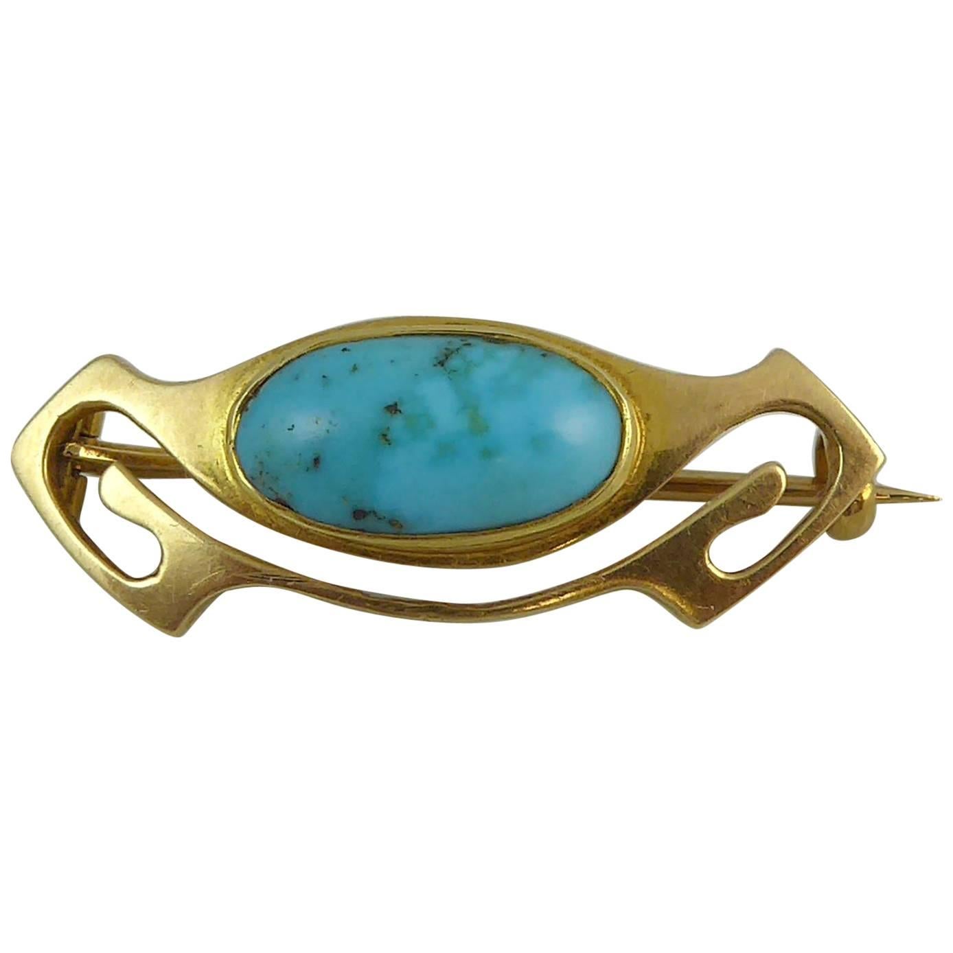 Murrle Bennett & Co. Art Nouveau Brooch, Turquoise, 15 Carat Gold