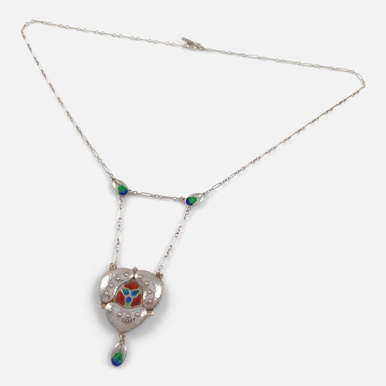 Women's Murrle Bennett & Co. Arts & Crafts Silver and Enamel Pendant Necklace circa 1905 For Sale