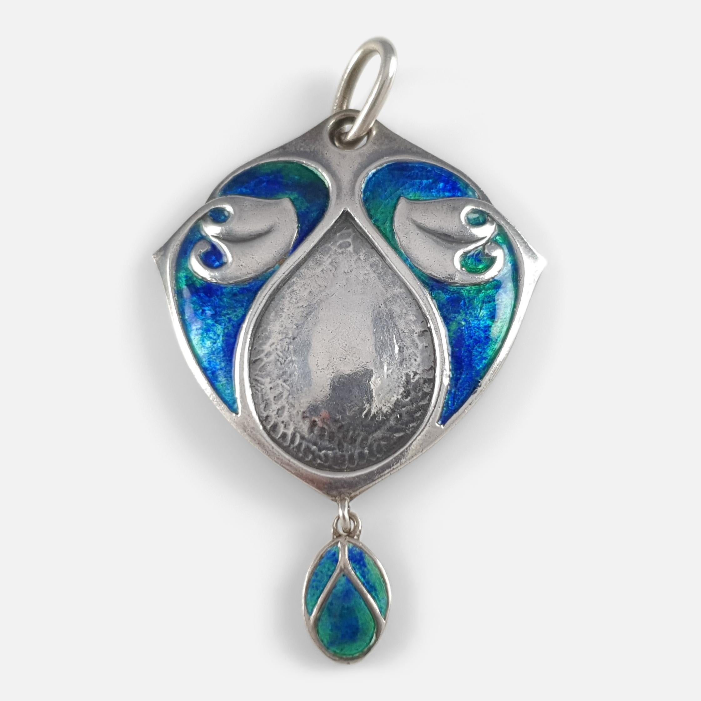 Description: - This is a superb antique Arts & Crafts spot-beaten silver & enamel drop pendant by Murrle Bennett & Co, circa 1905. It is stamped '950', & 'MBCo' for Murrle Bennett and Co.

Period: - Early 20th Century.

Date: - Circa