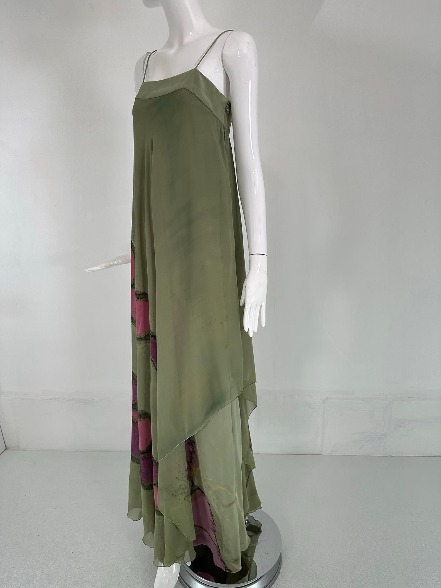Mursan Hand Painted Silk Chiffon & Satin Bias Cut Gown Bandeau Bodice 1970s For Sale 8