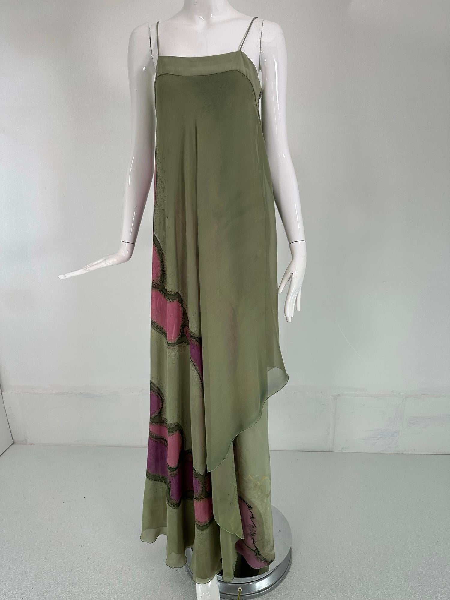 Mursan Hand Painted Silk Chiffon & Satin Bias Cut Gown Bandeau Bodice 1970s For Sale 9