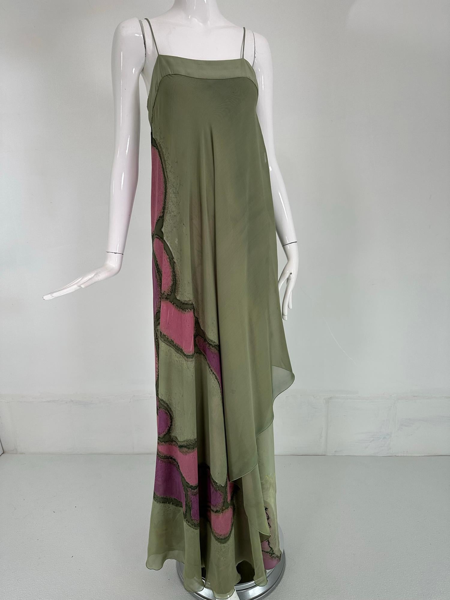 Mursan Hand Painted Silk Chiffon & Satin Bias Cut Gown Bandeau Bodice 1970s For Sale 10