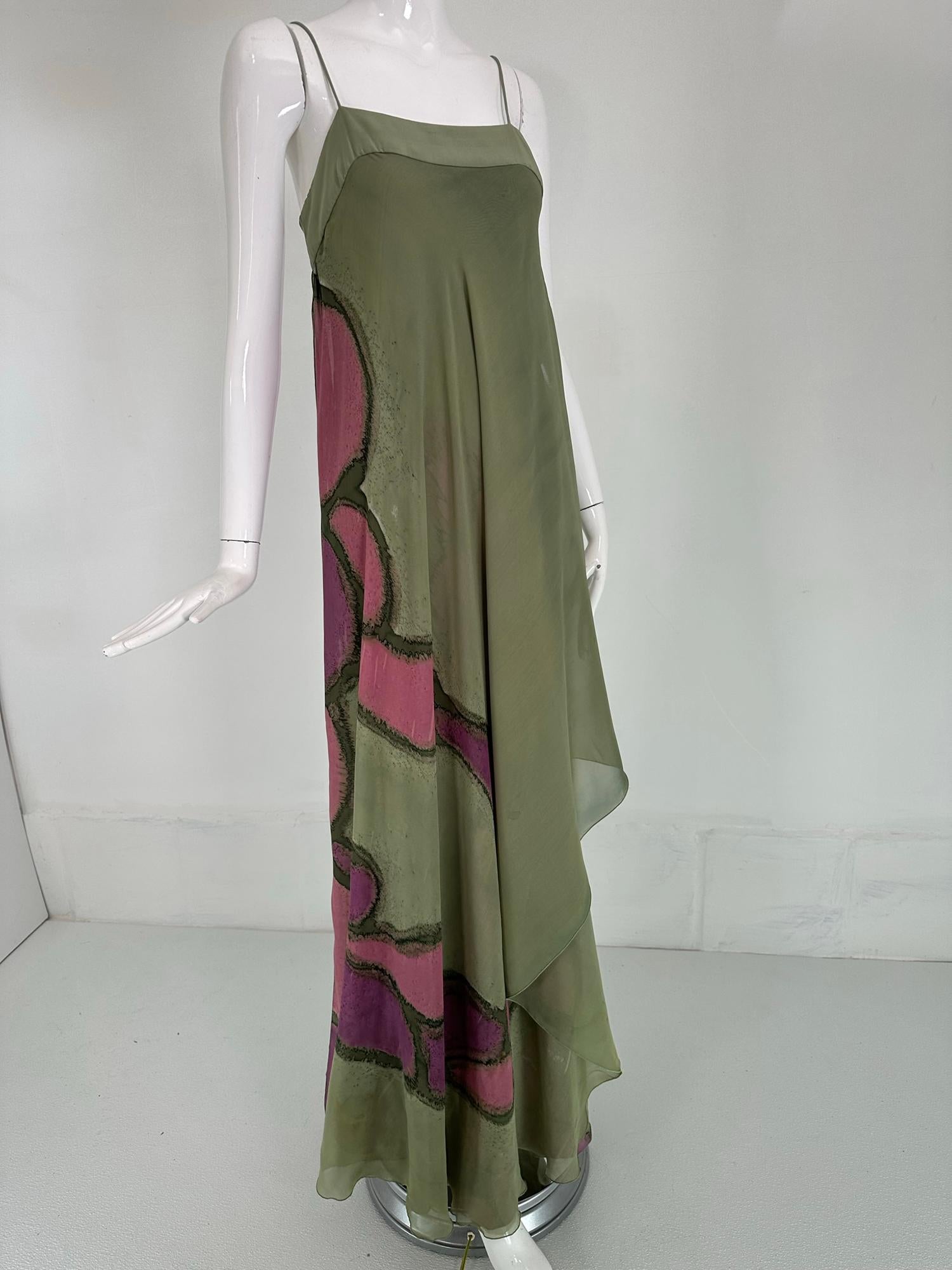 Mursan, New York-Paris hand painted silk chiffon satin bias cut gown from the 1970s. Satin bandeau bodice with spaghetti straps, floating painted chiffon panels front and back are open at the sides and fall to a shaped hem. The painted satin under