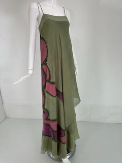Mursan Hand Painted Silk Chiffon & Satin Bias Cut Gown Bandeau Bodice 1970s