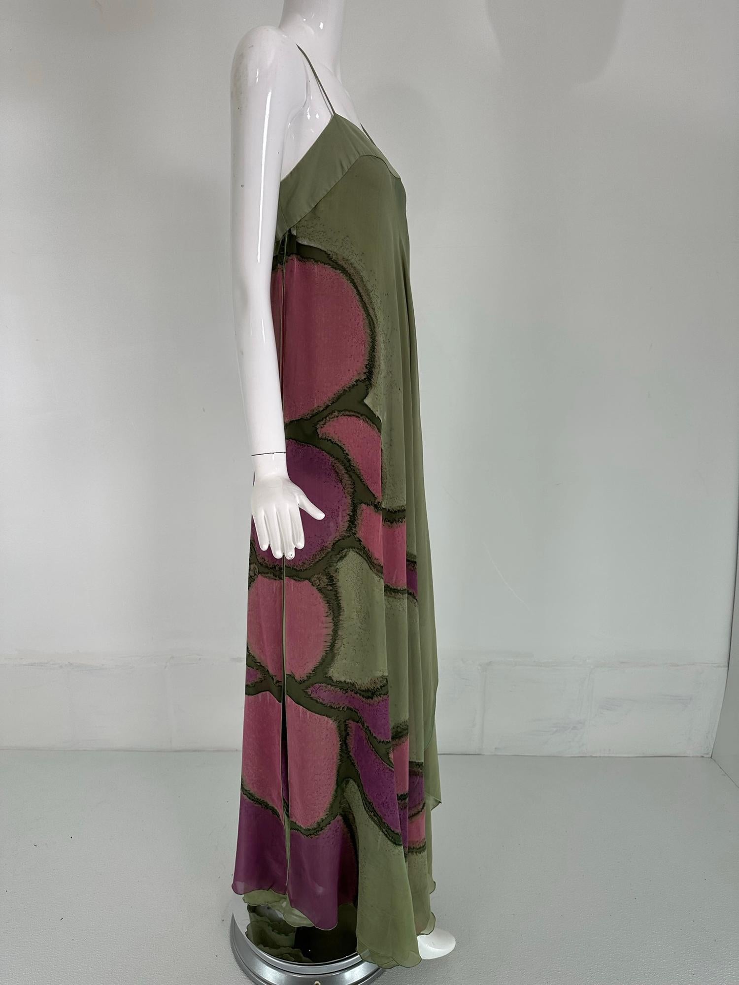 Mursan Hand Painted Silk Chiffon & Satin Bias Cut Gown Bandeau Bodice 1970s In Good Condition For Sale In West Palm Beach, FL