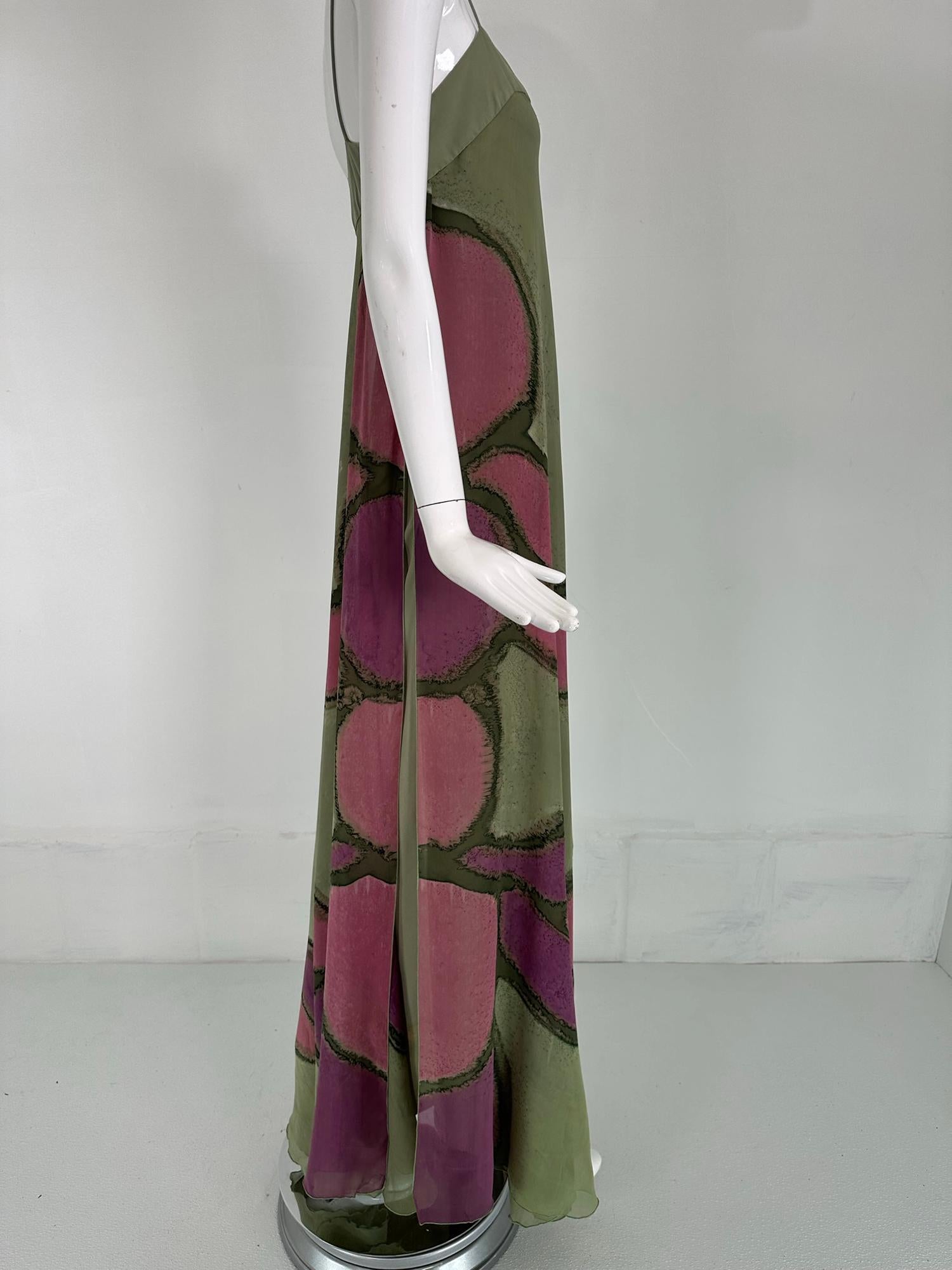 Women's Mursan Hand Painted Silk Chiffon & Satin Bias Cut Gown Bandeau Bodice 1970s For Sale