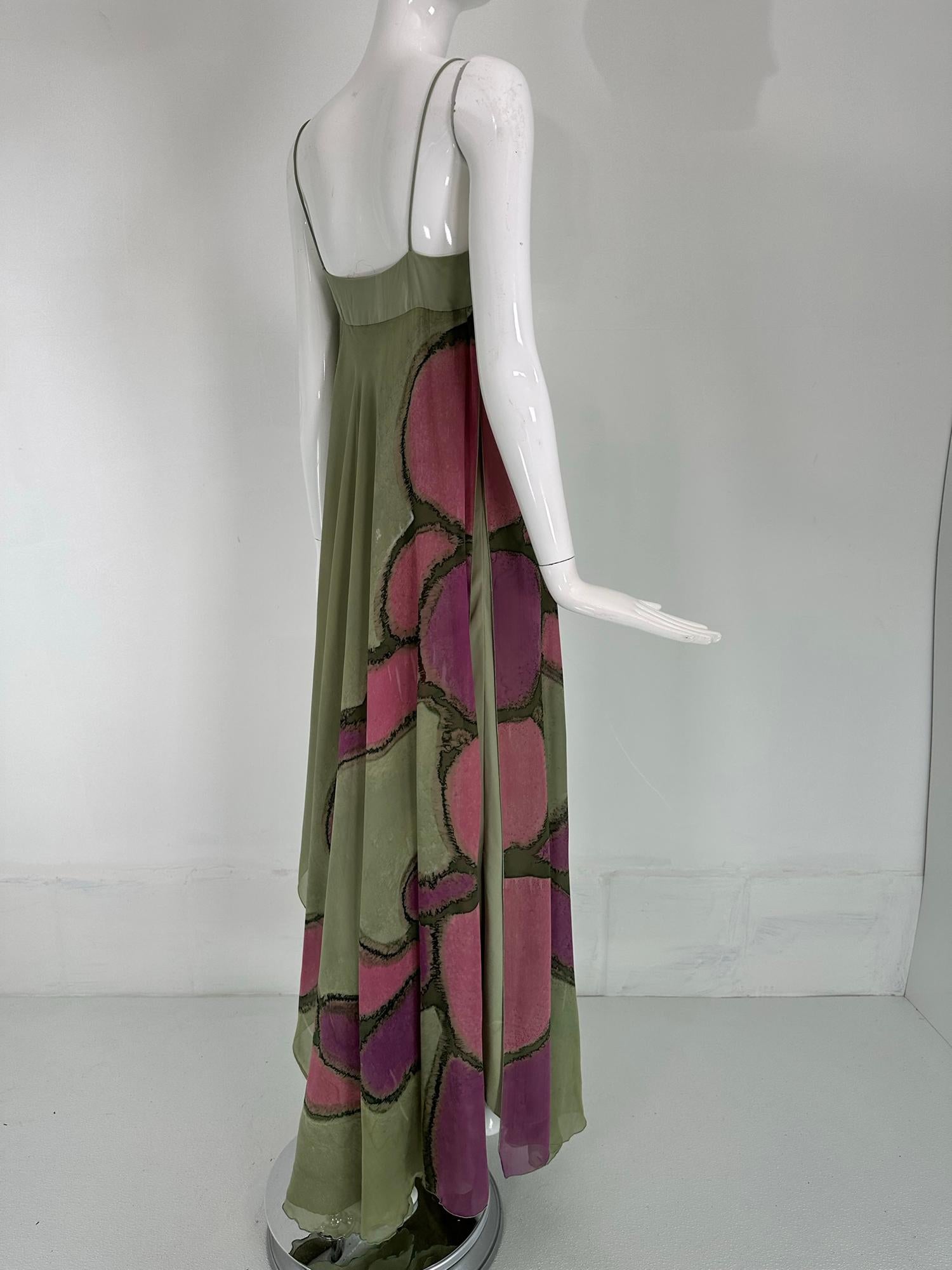 Mursan Hand Painted Silk Chiffon & Satin Bias Cut Gown Bandeau Bodice 1970s For Sale 1