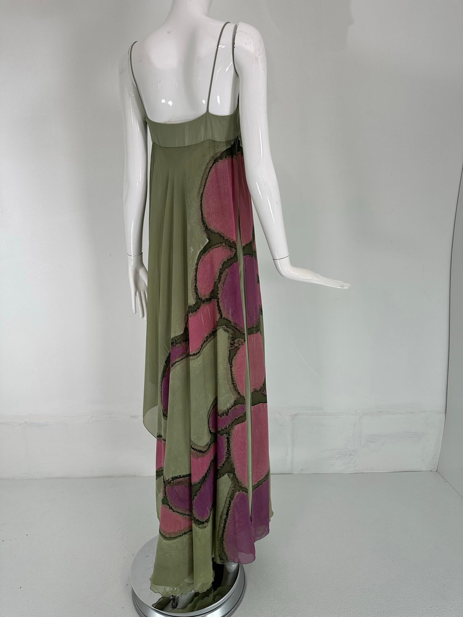 Mursan Hand Painted Silk Chiffon & Satin Bias Cut Gown Bandeau Bodice 1970s For Sale 2