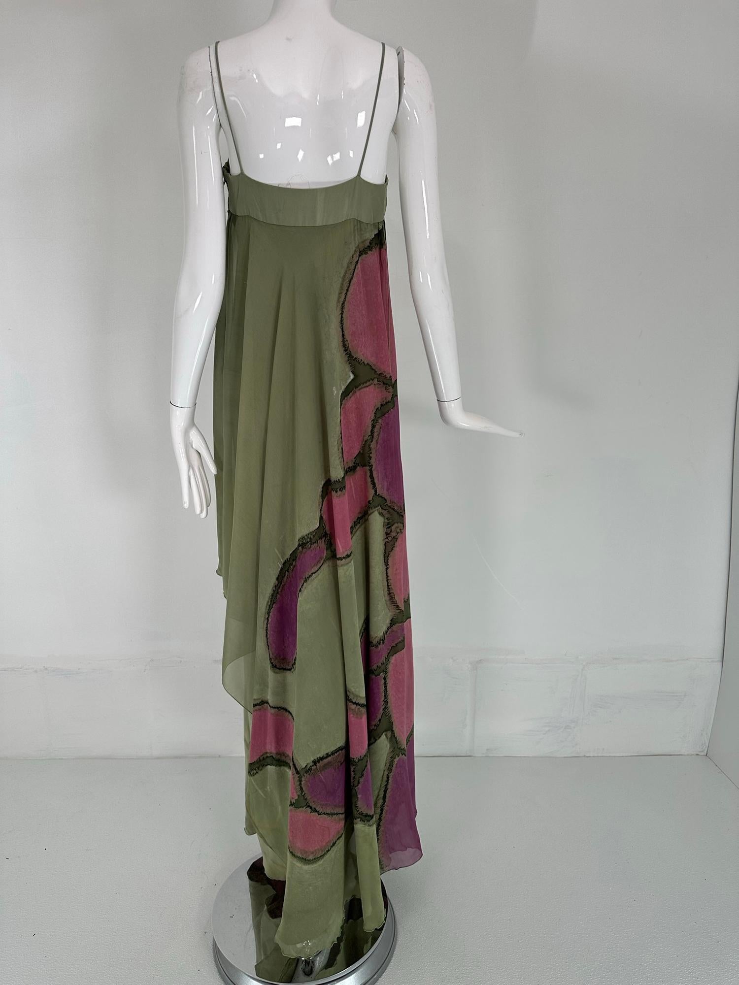 Mursan Hand Painted Silk Chiffon & Satin Bias Cut Gown Bandeau Bodice 1970s For Sale 3