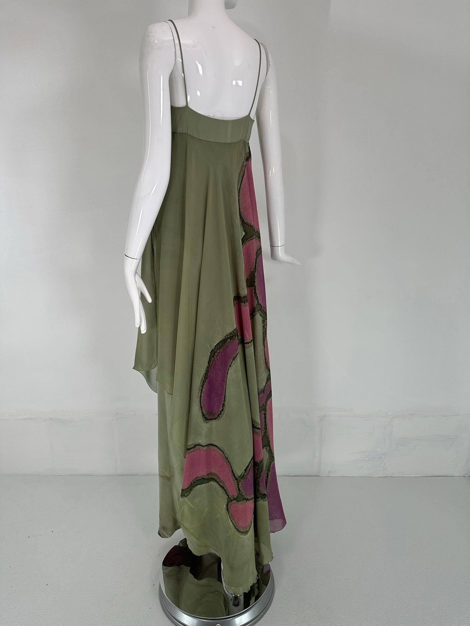 Mursan Hand Painted Silk Chiffon & Satin Bias Cut Gown Bandeau Bodice 1970s For Sale 4