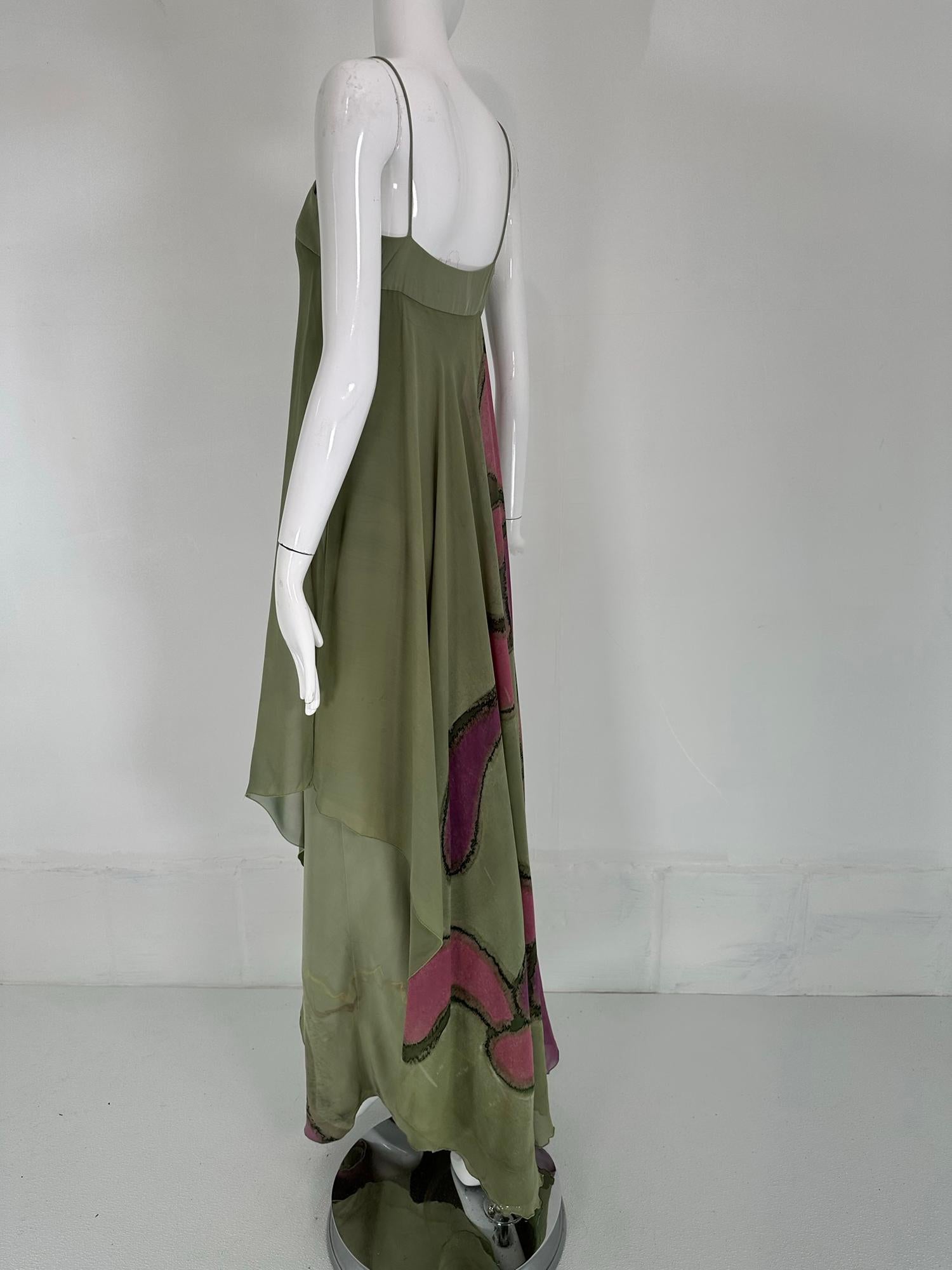 Mursan Hand Painted Silk Chiffon & Satin Bias Cut Gown Bandeau Bodice 1970s For Sale 5