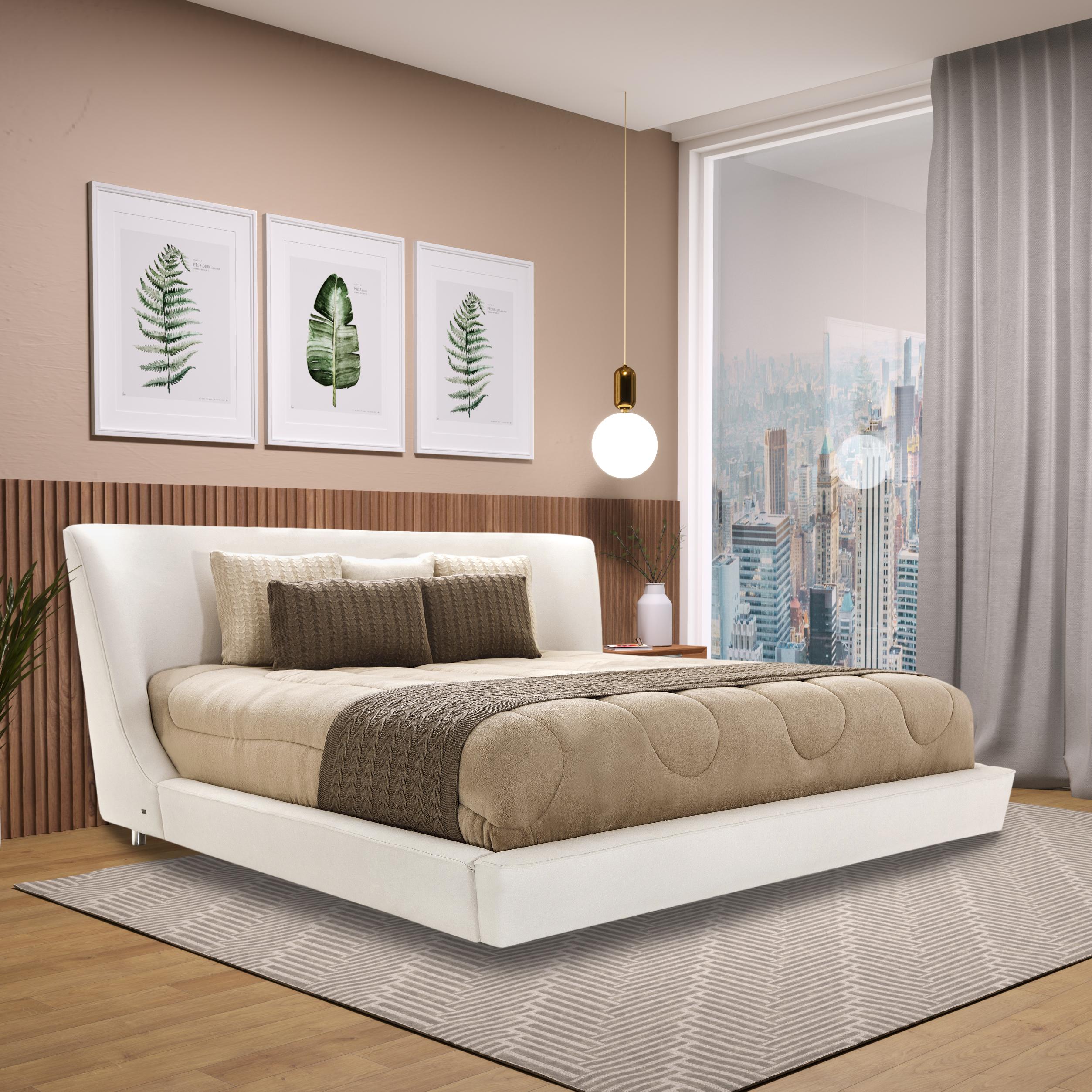The amazing designers from the Uultis team have fabricated this beautiful Musa king bed in a light beige fabric with a shell shape as a headboard that is supported by an angular frame, covered with foam and fabric. This is a sophisticated and cozy