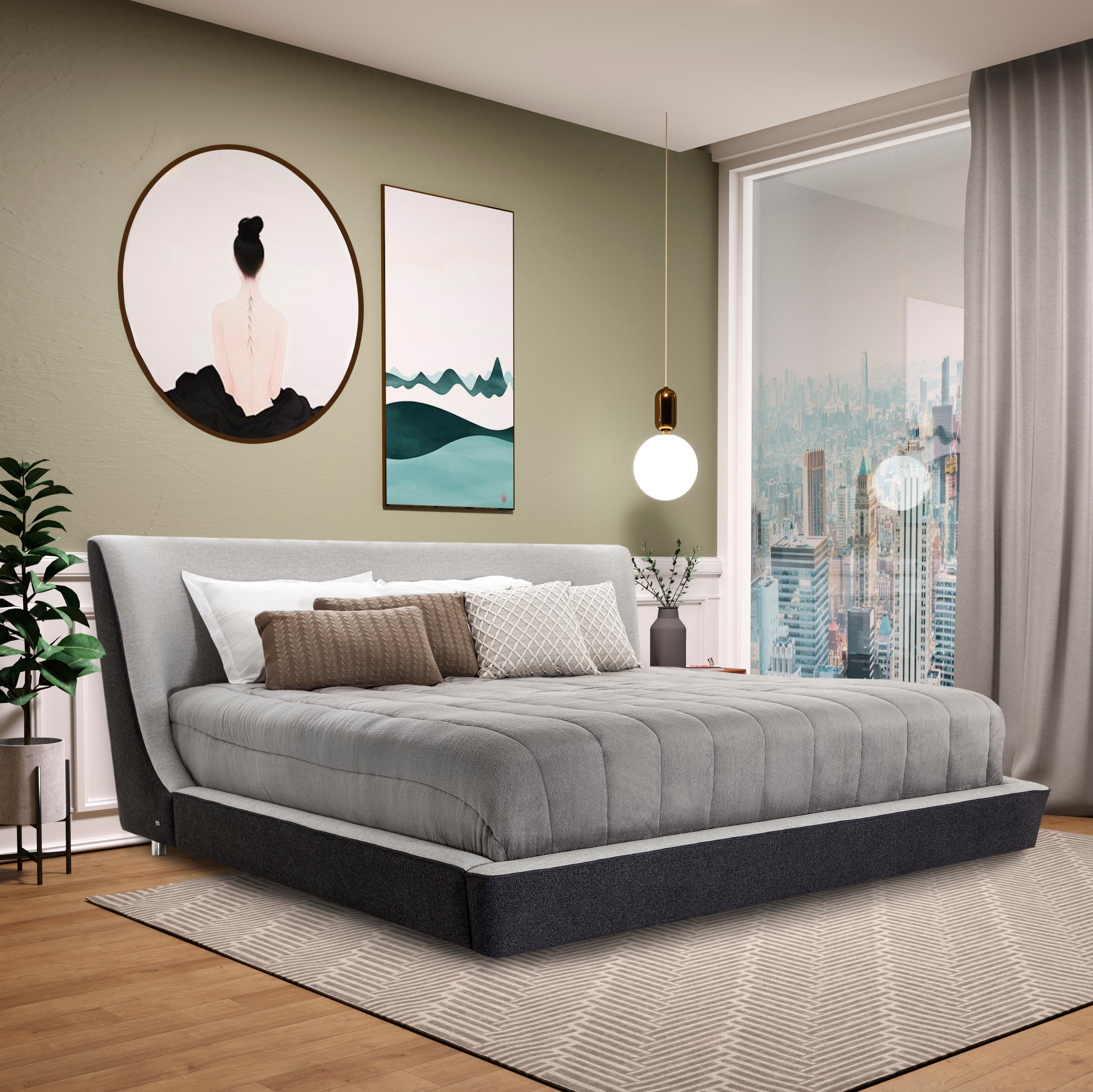 Customizable Queen Size Bed Upholstered in Charcoal and Gray, Musa Collection 1