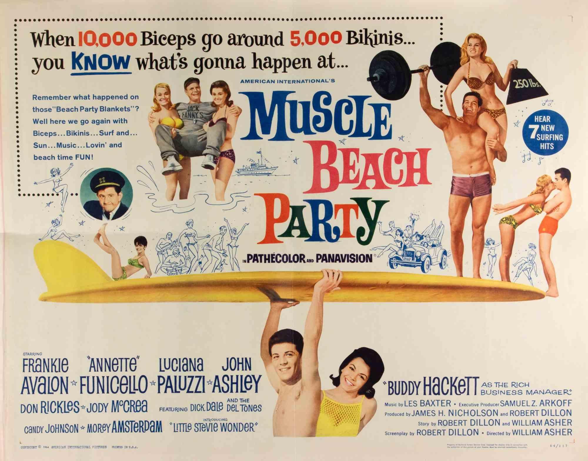 Poster d'epoca

Mezzo foglio statunitense (22 × 28 pollici), AIP.
Diretto da William Asher, con Frankie Avalon, Annette Funicello, Luciana Paluzzi, con una prima apparizione di Stevie Wonder. Coloratissime immagini di feste in spiaggia con surf,