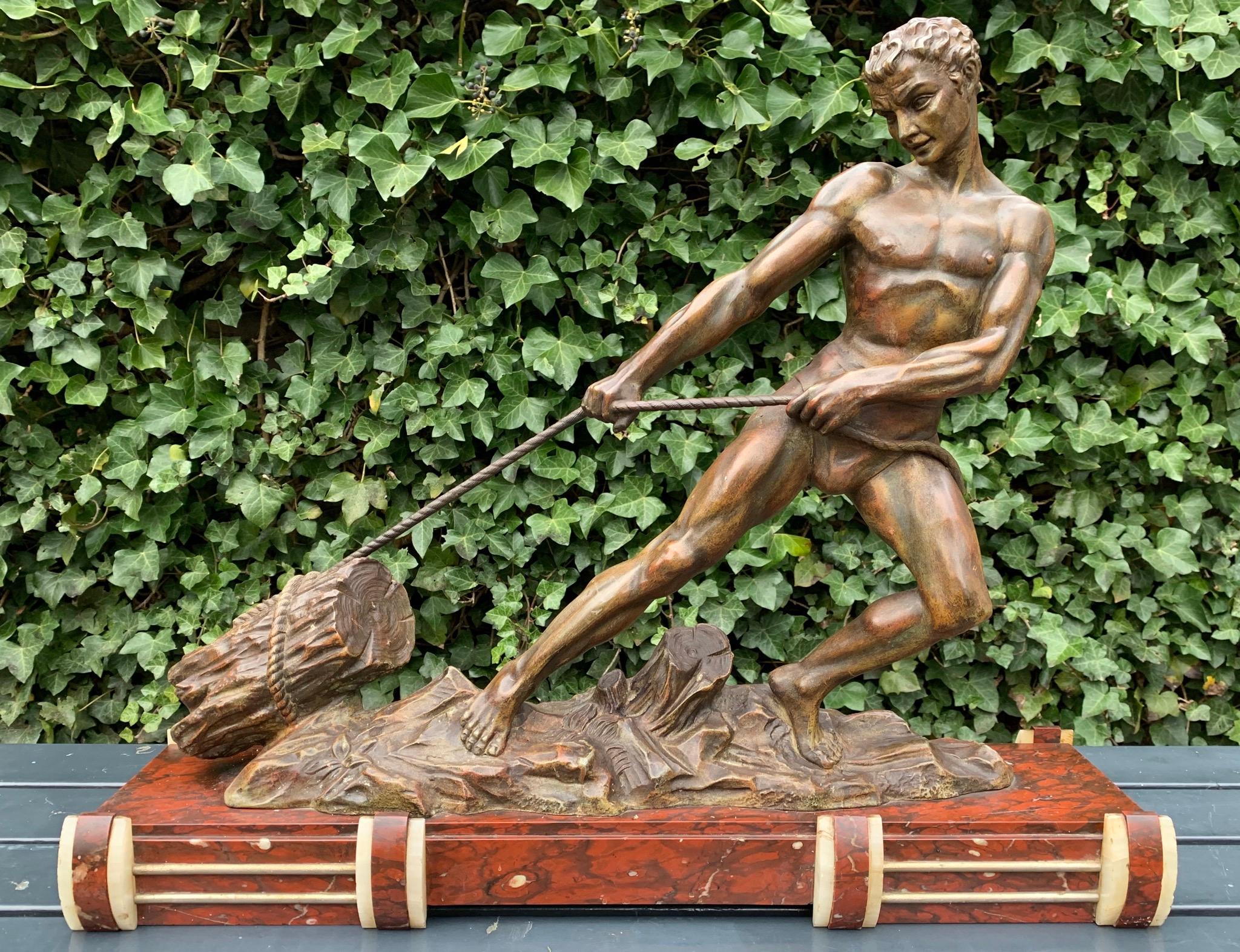 Muscular & Athletic Art Deco Male Sculpture on Marble Base by Jean Marie Camus For Sale 6